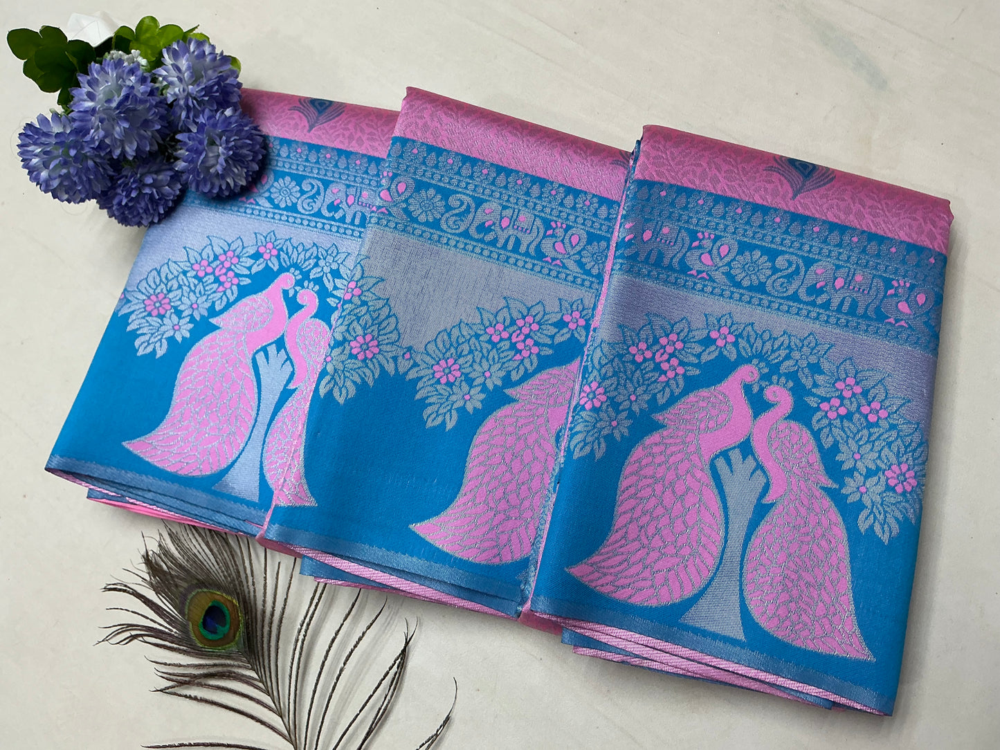 Silver Bridal Saree with Pink and Blue Ombre and White Peacock Motif