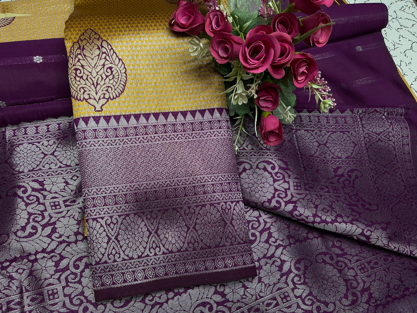 Silver Bridal Saree with Purple Brocade Pallu and Maroon Floral Design