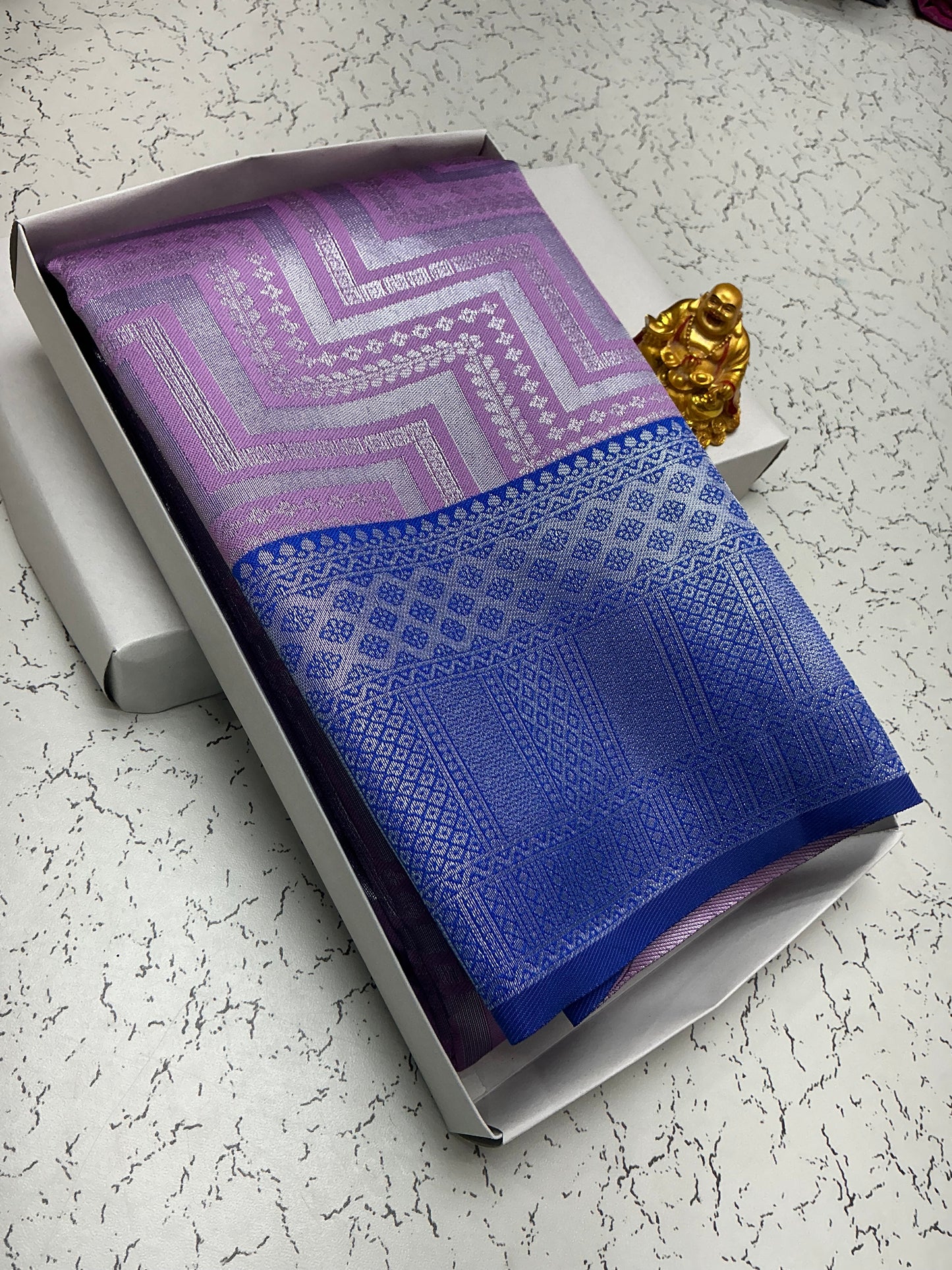 Silver Bridal Saree with Violet Zigzag Pallu and Royal Blue Border