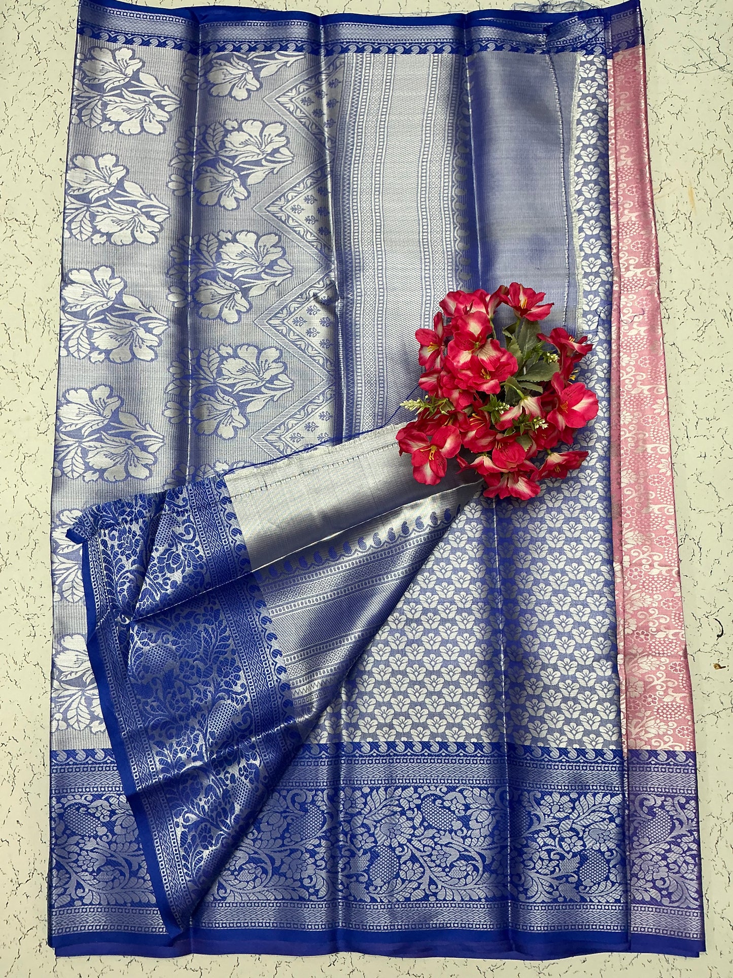 Silver Bridal Soft Silk Saree - Blue Floral Jaal Weaving with Pink Edging