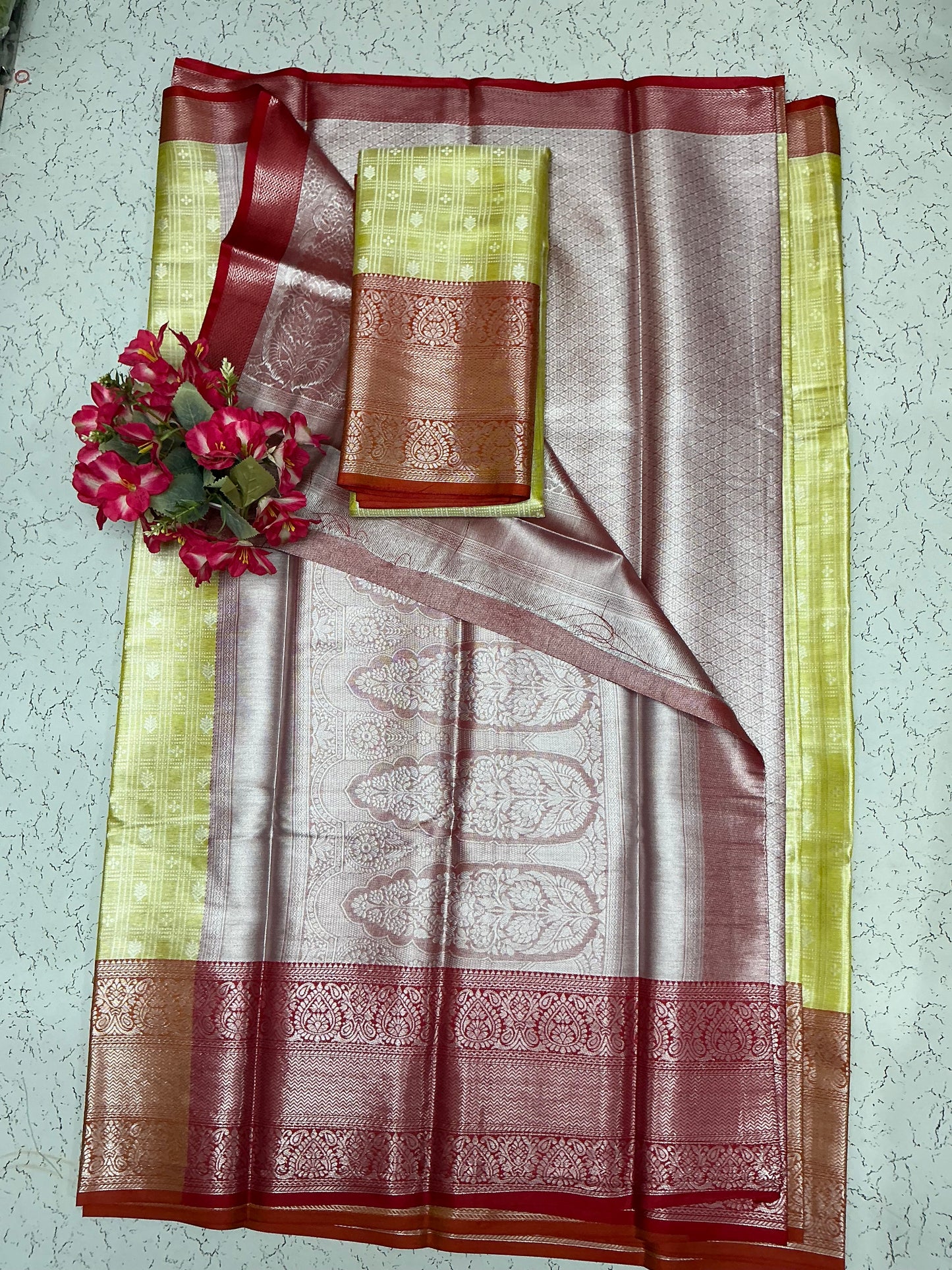 Silver Bridal Soft Silk Saree - Golden Yellow Border with Red Blouse