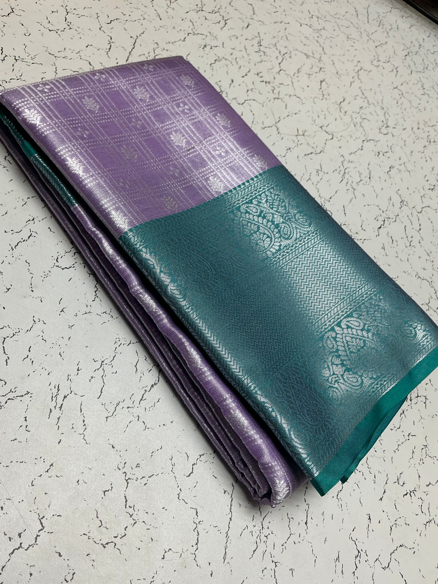 Silver Bridal Soft Silk Saree - Purple Checks with Peacock Green Border