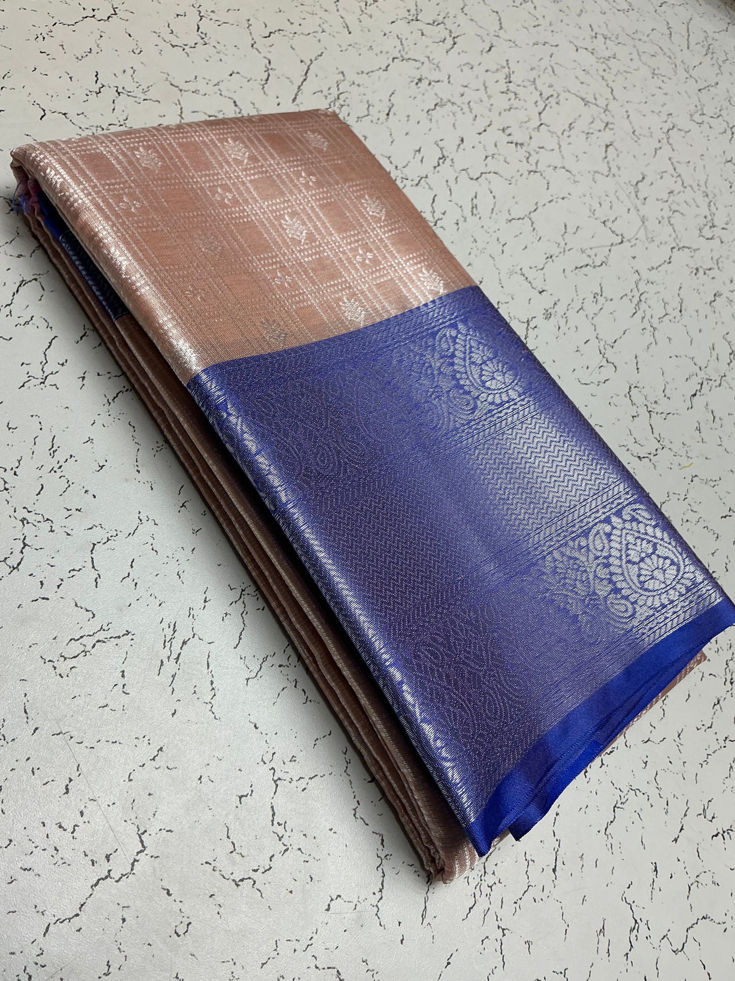Silver Bridal Soft Silk Saree - Rose Checks with Royal Blue Border