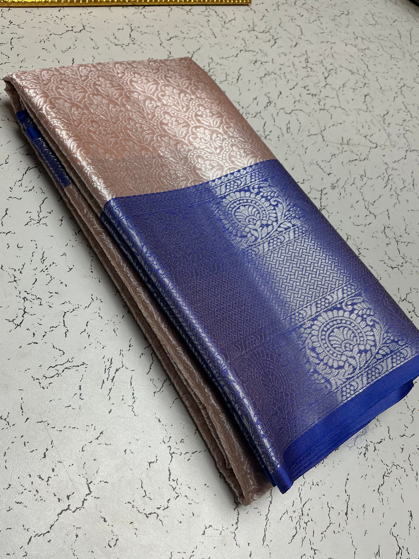 Silver Bridal Soft Silk Saree - Rose Floral with Royal Blue Zari Border