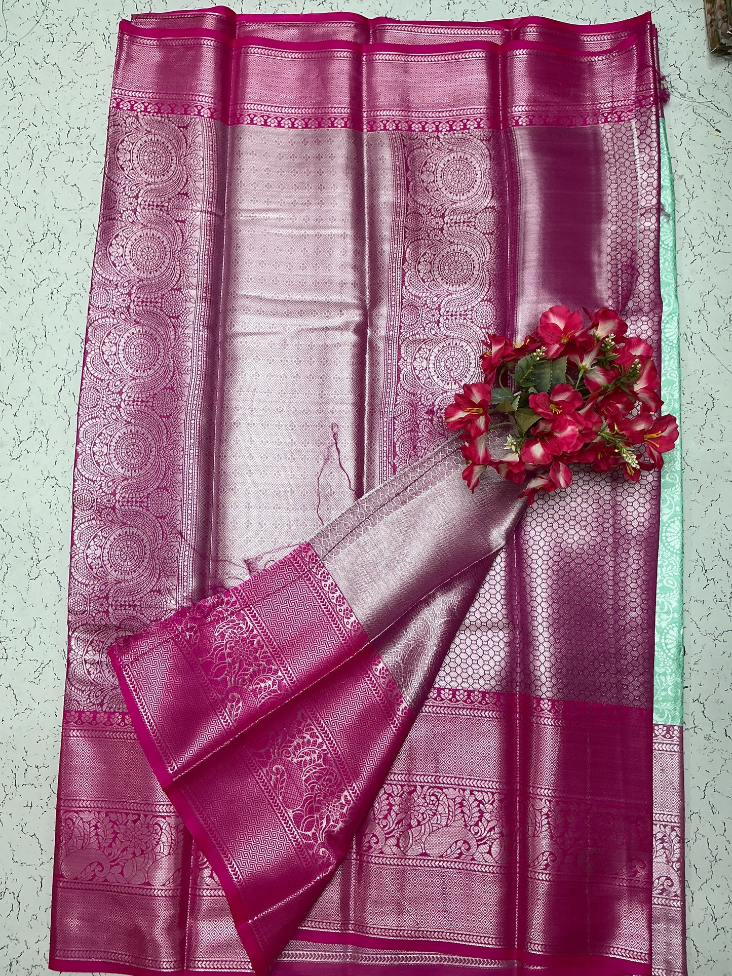 Silver Bridal Soft Silk Saree - Wine Pink Floral Weave with Mint Border