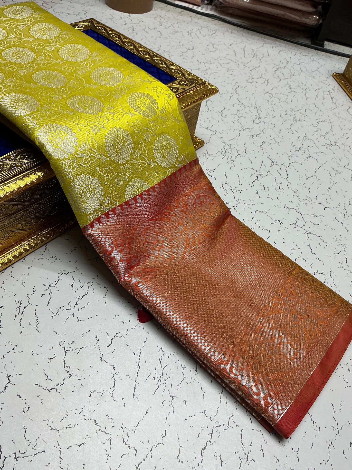 Silver Bridal Soft Silk Saree - Yellow Body with Copper Zari Border
