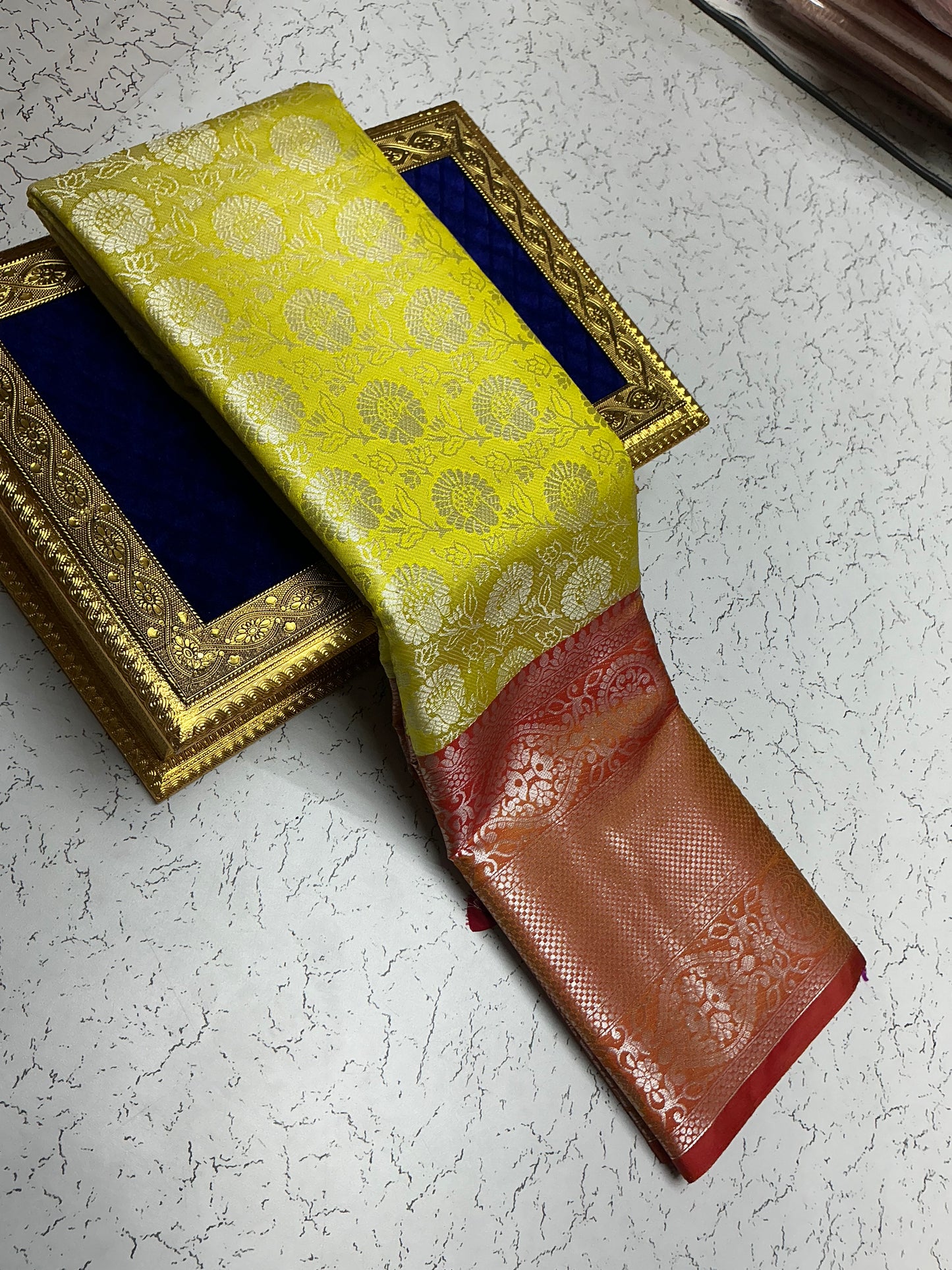 Silver Bridal Soft Silk Saree - Yellow Gold with Orange Copper Border