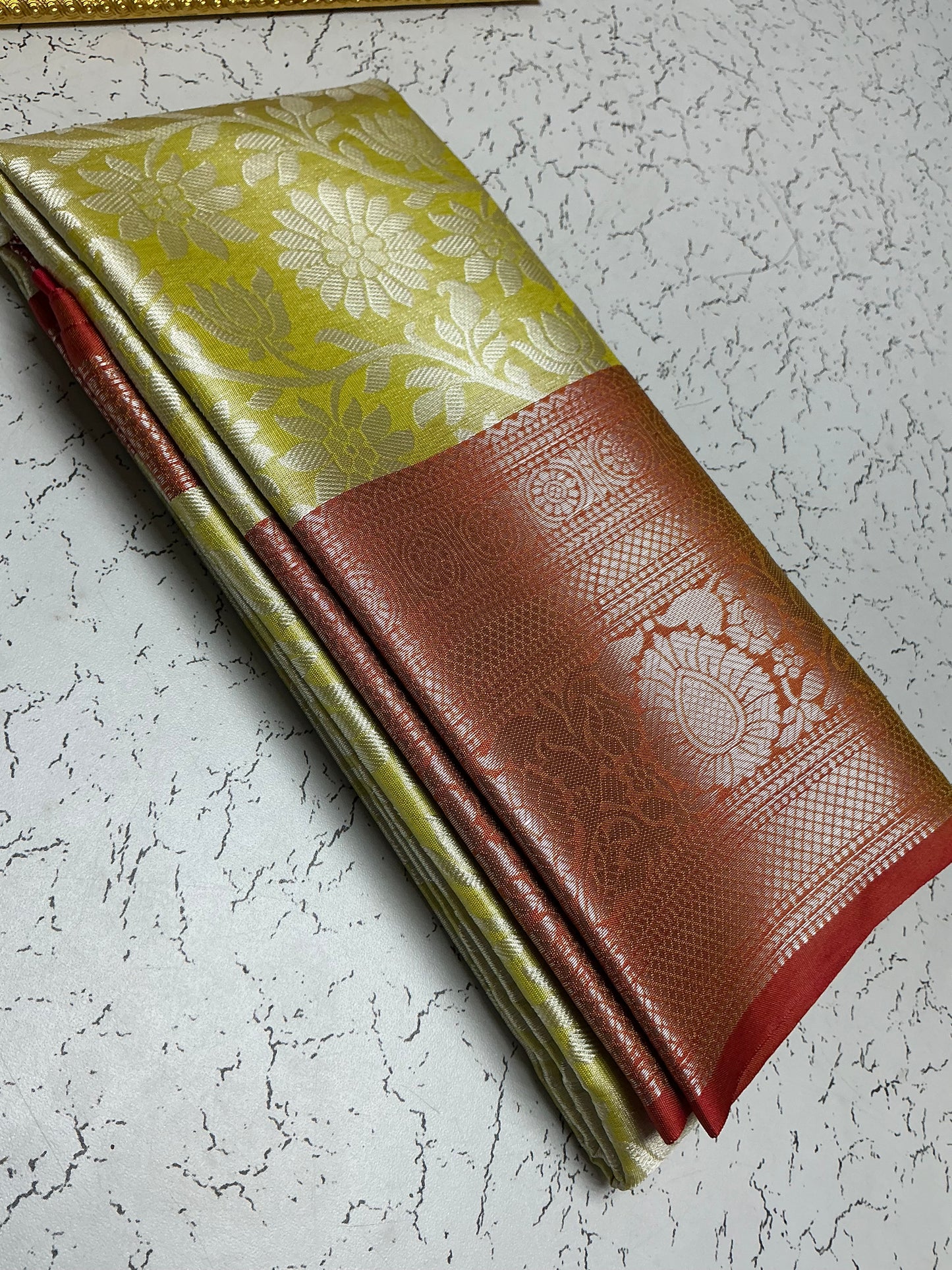 Silver Bridal Soft Silk Saree β Gold Olive Body with Rust Red Border & Lotus Motif