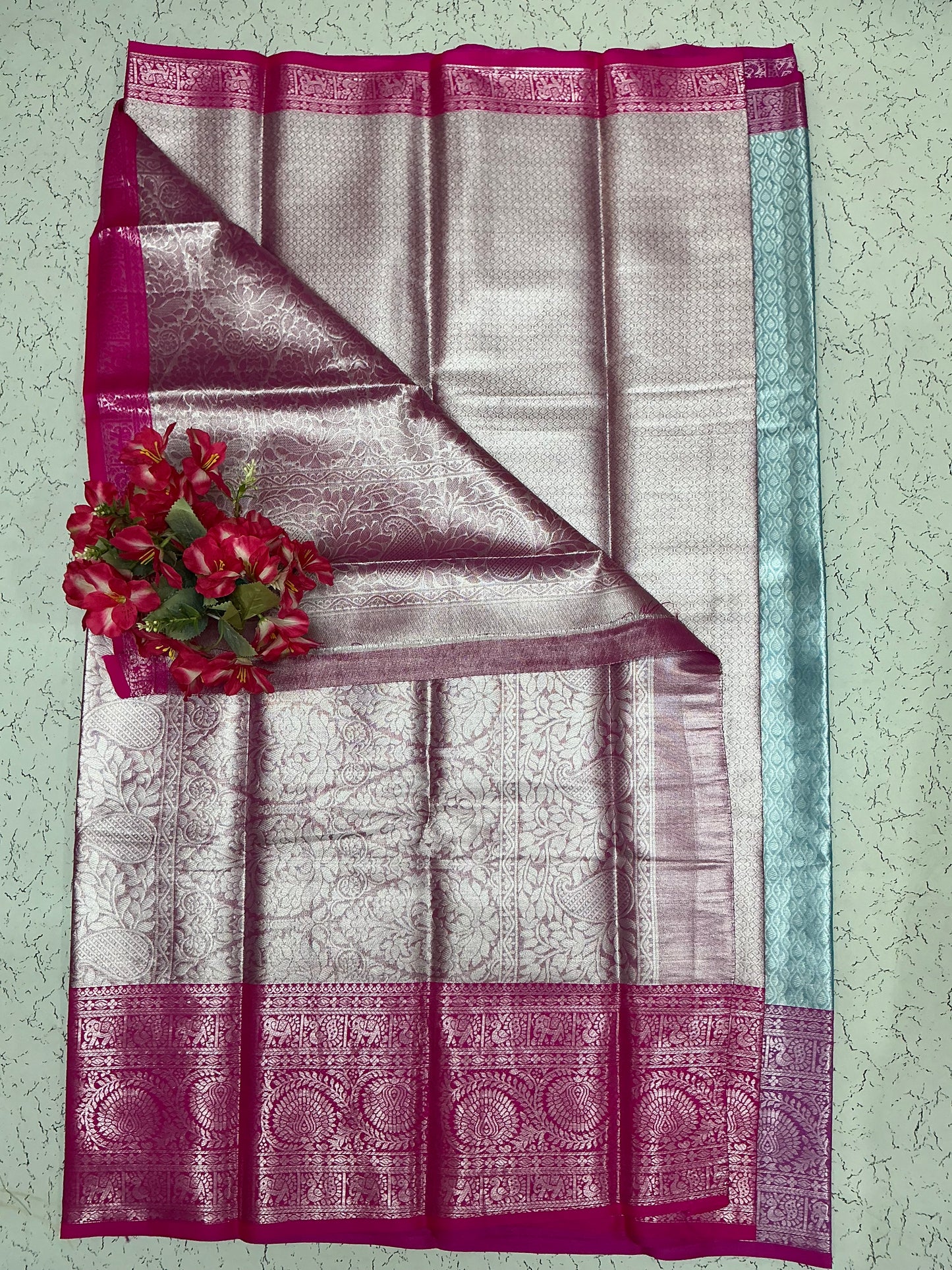 Silver Bridal Soft Silk Saree β Lavender Mint Mix with Magenta Border & Peacock Zari