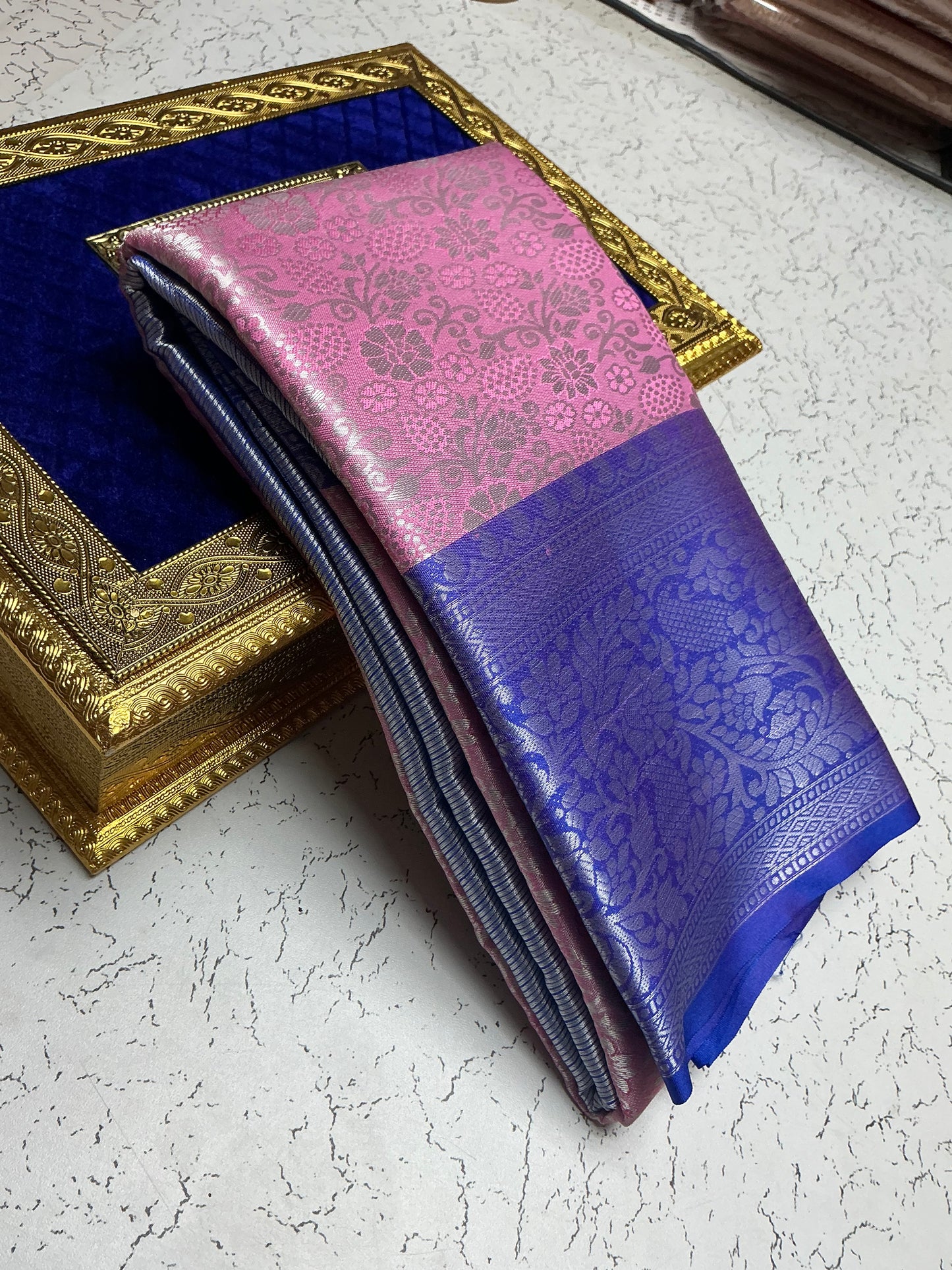 Silver Bridal Soft Silk Saree β Peacock Gold Zari with Reddish Copper Border