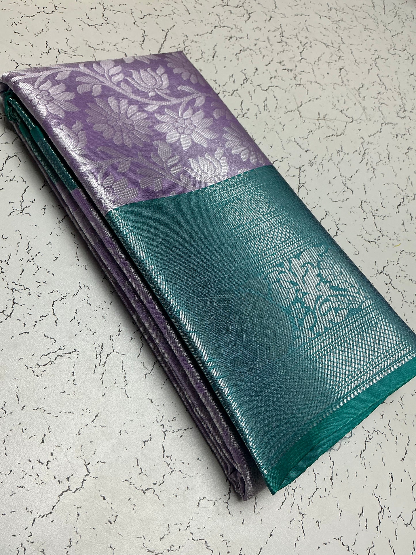 Silver Bridal Soft Silk Saree β Purple Floral Body with Bottle Green Border