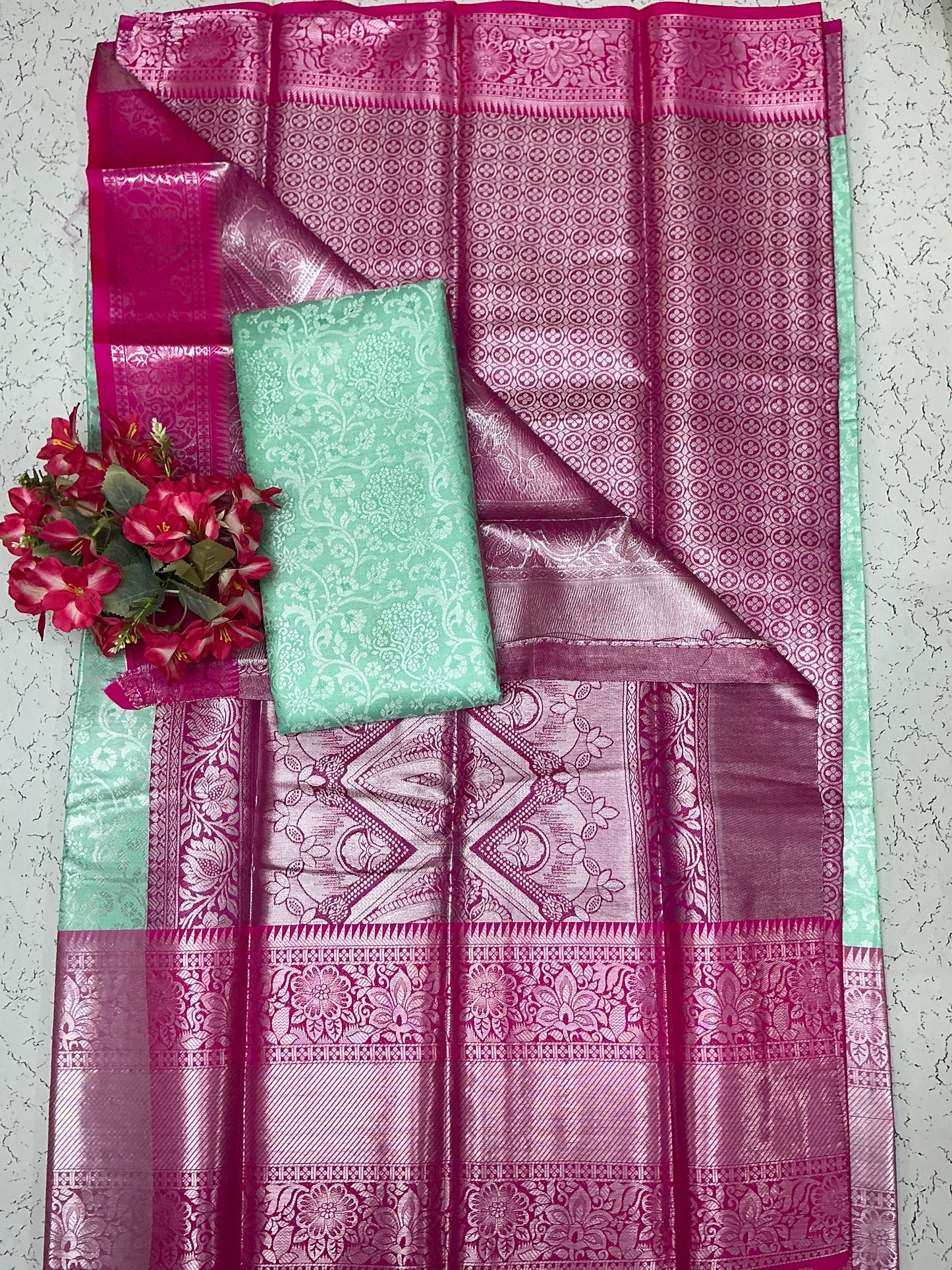 Silver Bridal Soft Silk Saree β Rani Pink with Mint Green Blouse and Floral Zari