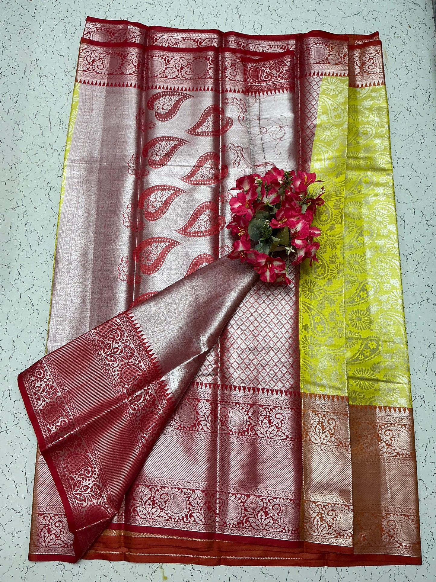 Silver Bridal Soft Silk Saree β Red with Yellow Contrast Border and Paisley Motif