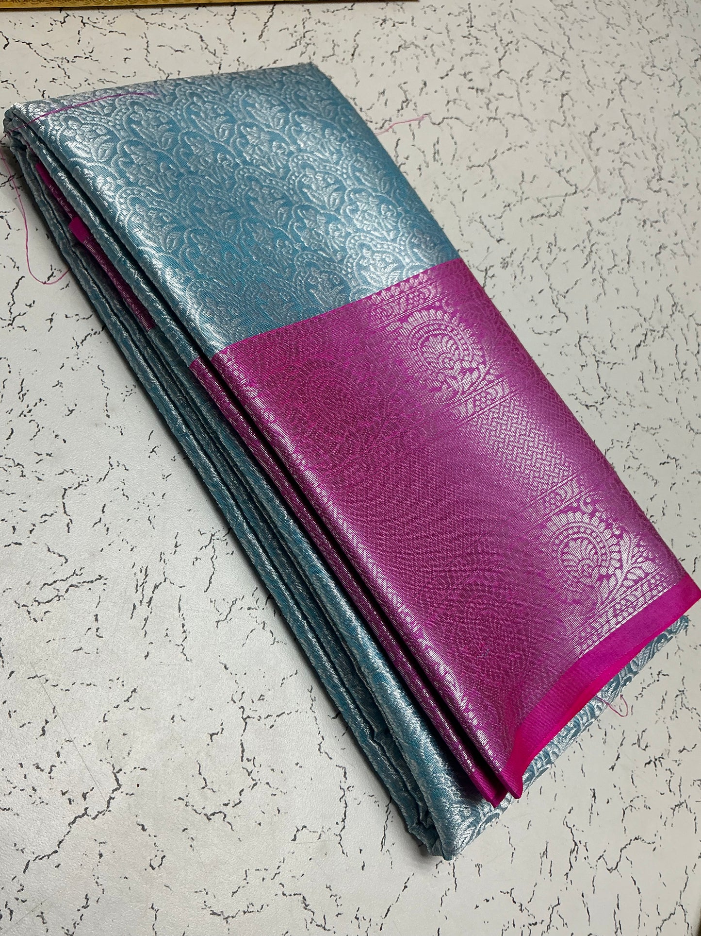 Silver Bridal Soft Silk Saree β Silver Blue Body with Wine Pink Border & Floral Jari