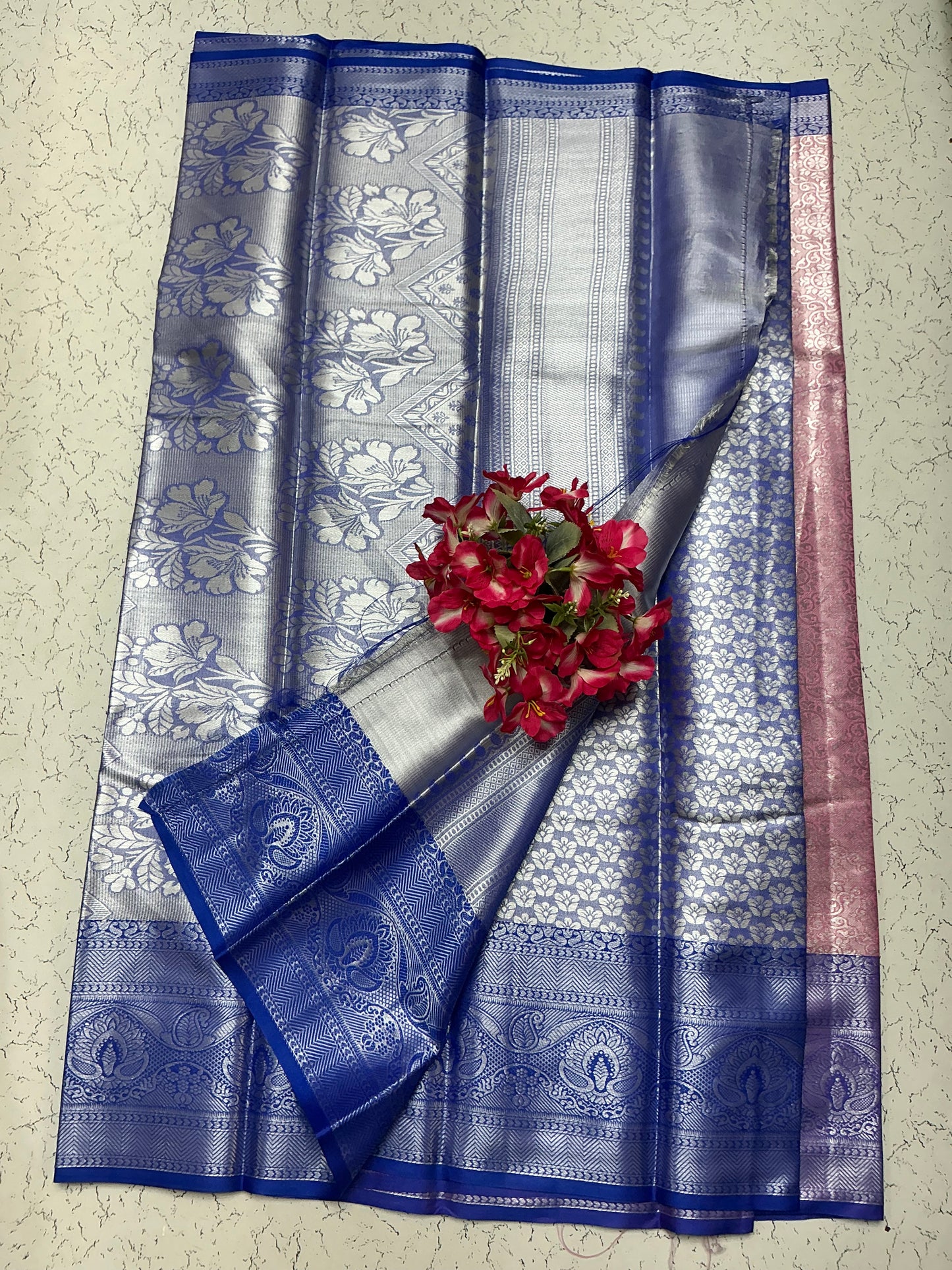Silver Bridal Soft Silk Saree β Silver Violet Combo with Mint Border & Traditional Weave