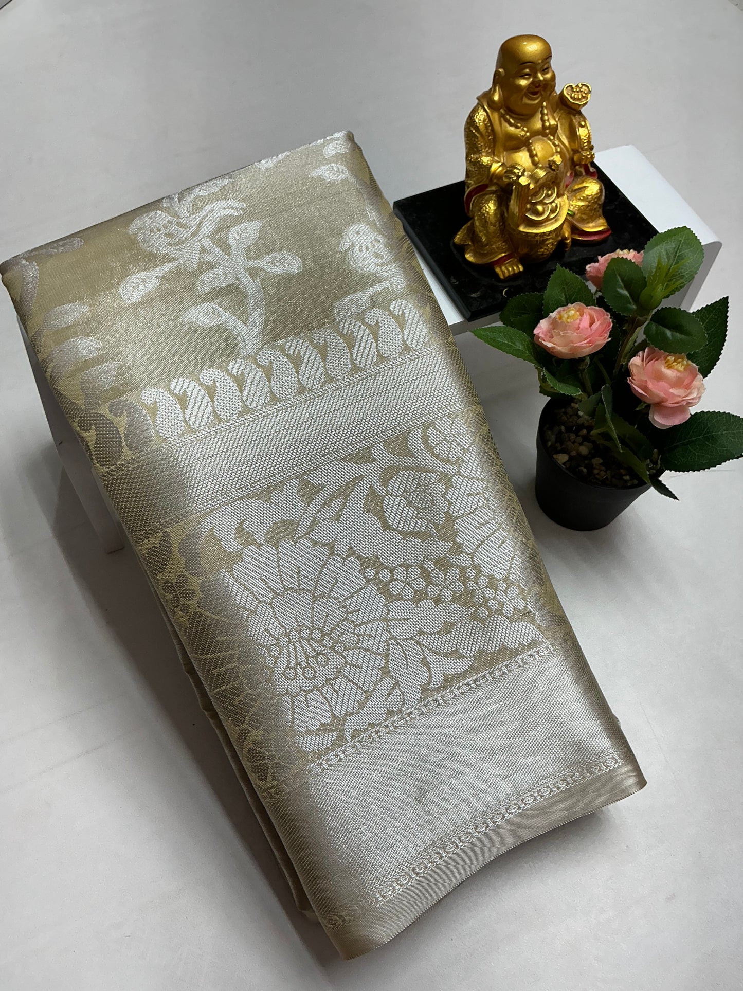 Silver Tissue Bridal Saree β Golden Beige Floral Zari