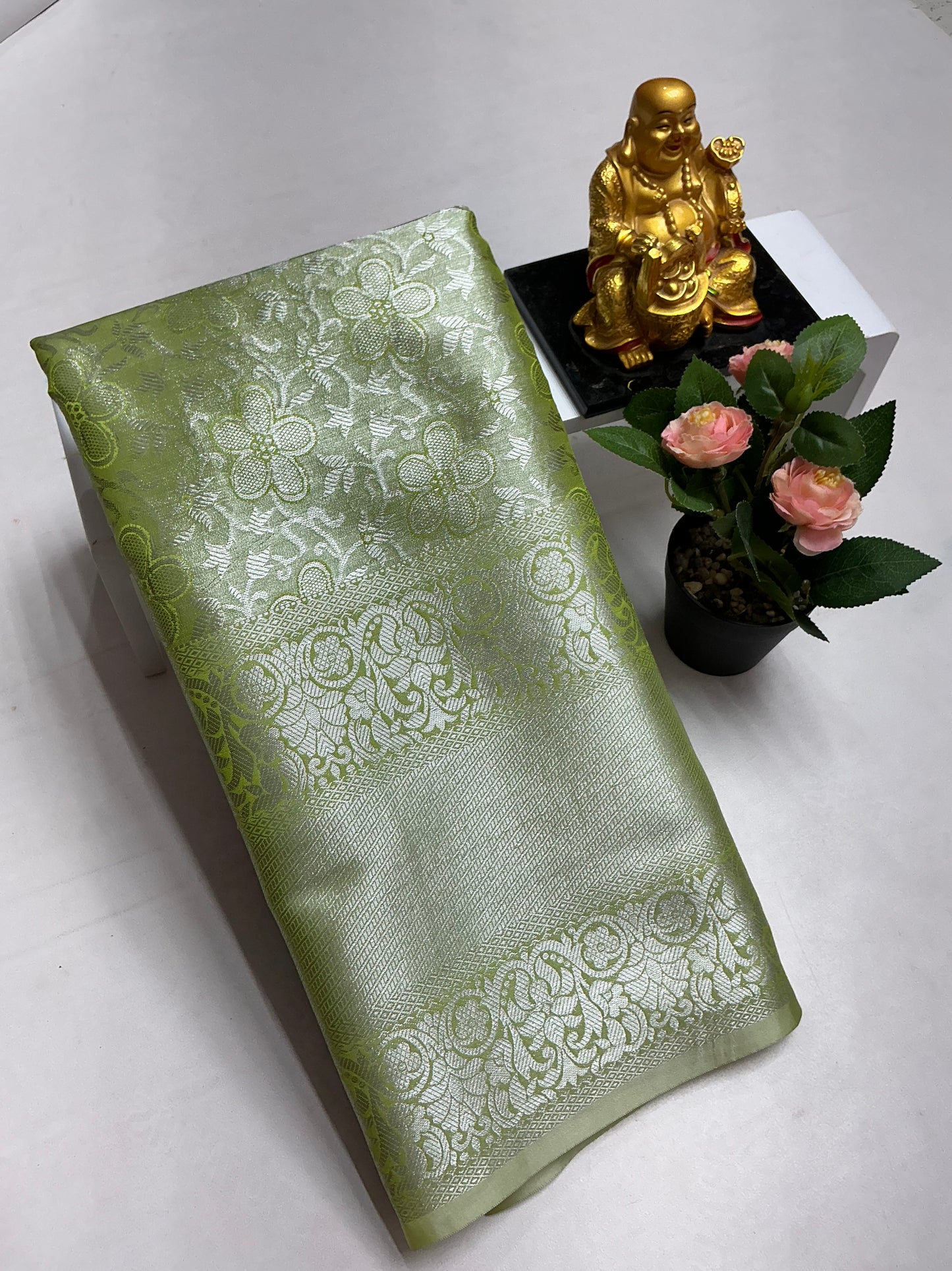 Silver Tissue Bridal Saree β Light Pistachio Green Floral