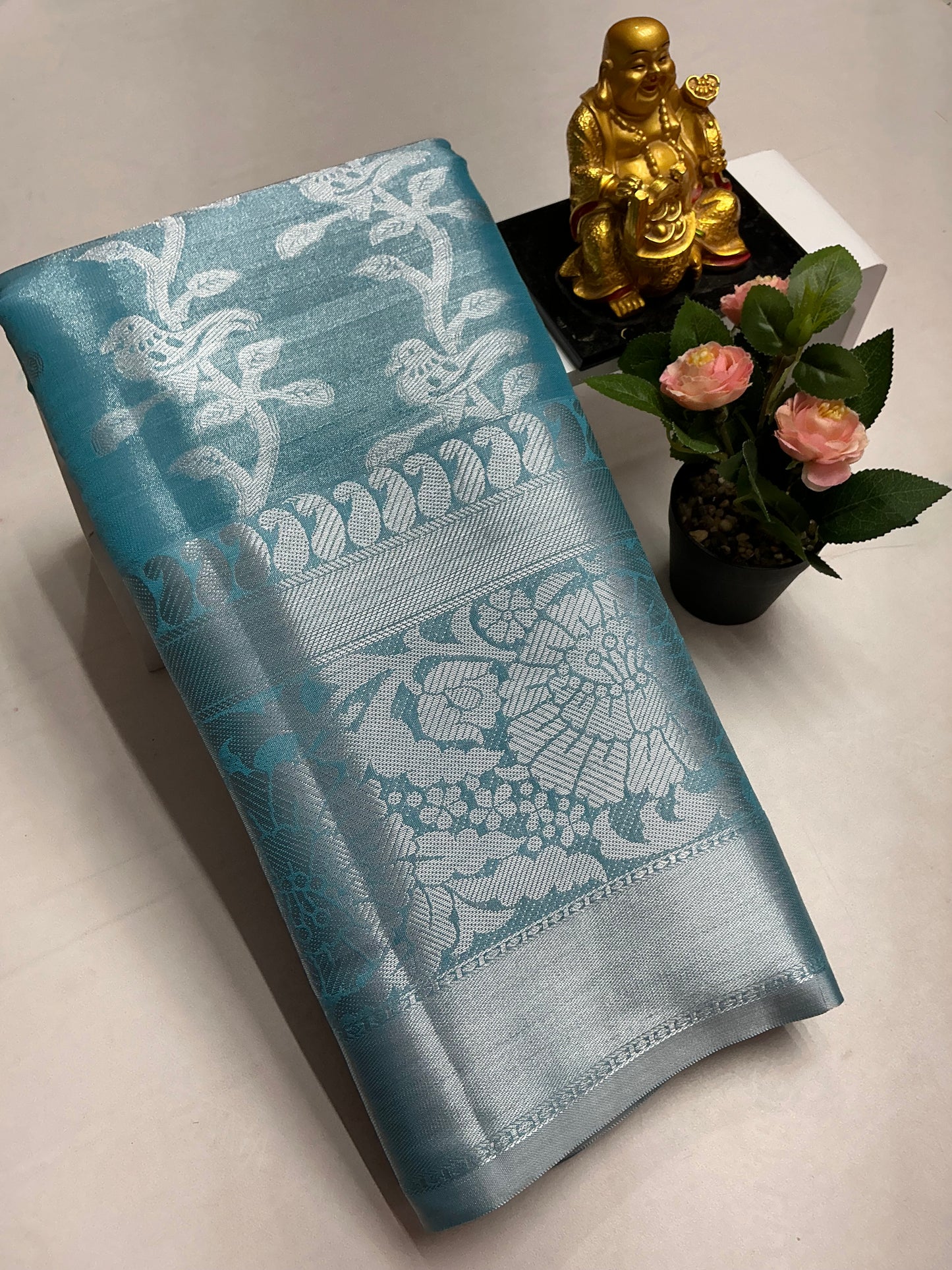 Silver Tissue Bridal Saree β Sky Blue Silver Floral