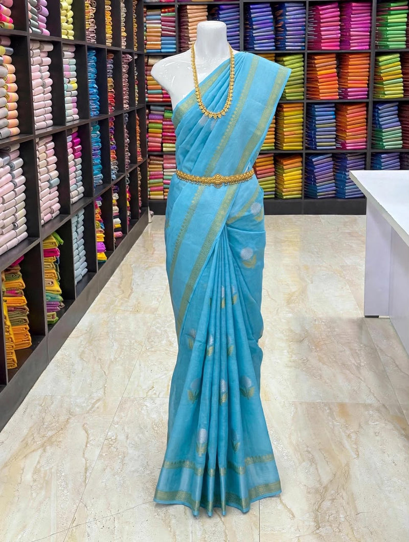 . Premium Banarasi Warm Silk Saree – Sky Blue with Turquoise Zari Border | Festive Silk Saree | Sri Nandhini Tex | SNTS005