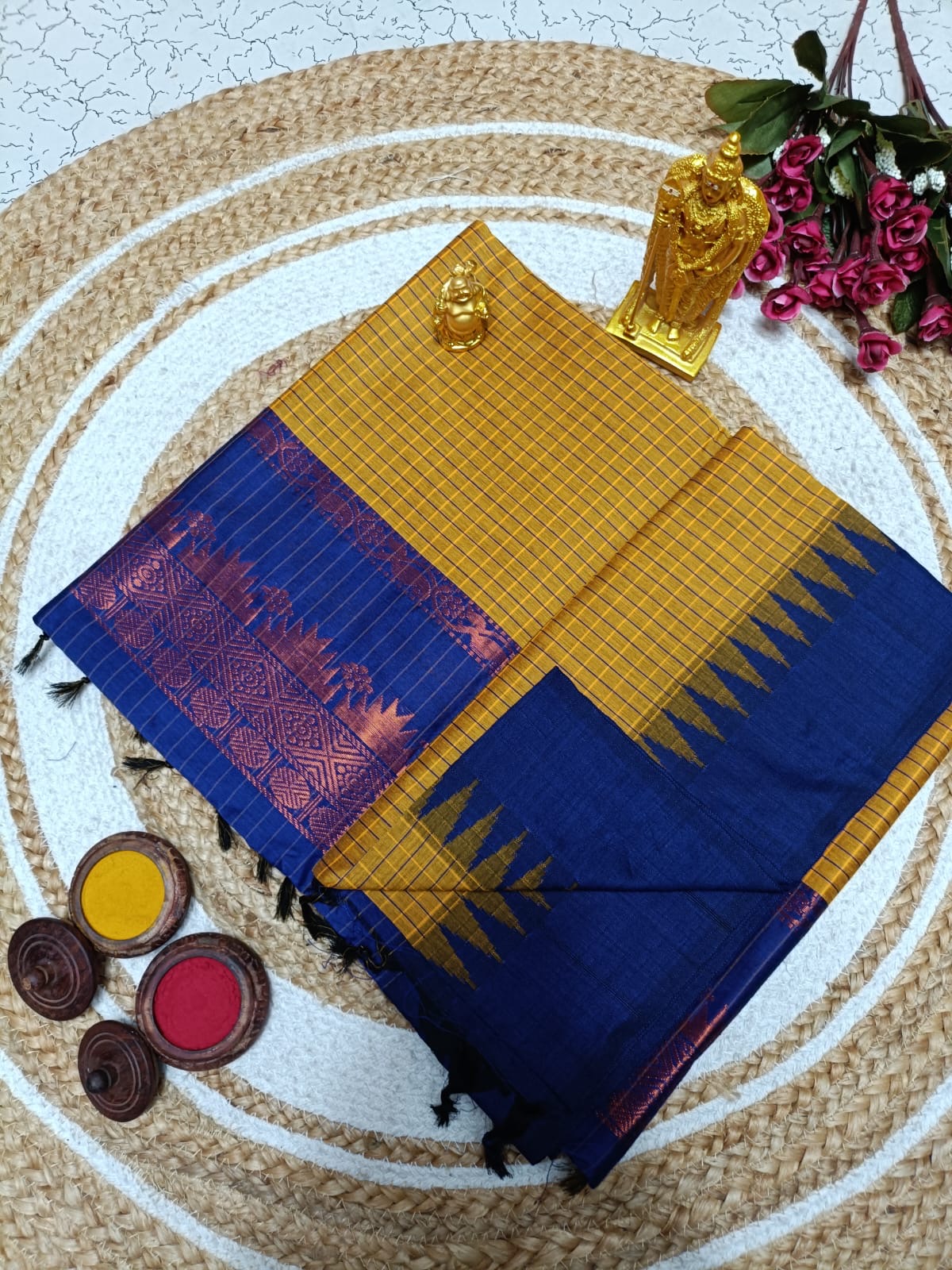 Kalyani Cotton Saree in Mustard Yellow with Royal Blue Contrast Border and Rich Zari Pallu for Festive Collection