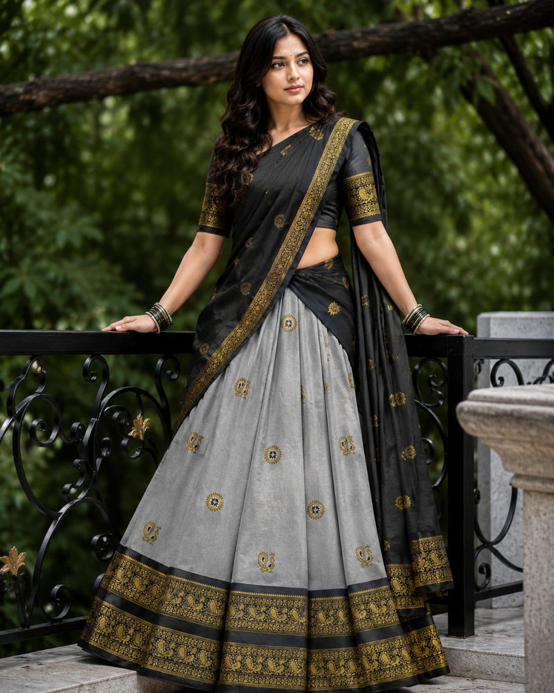 Traditional Elampillai Half Saree Set – Silver Grey Traditional Collection | Sri Nandhini Tex