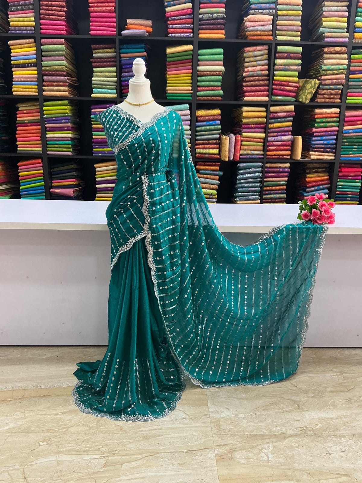 Premium Space Silk Designer Saree – Peacock Green with Stone Work Border | Sri Nandhini Tex | SNTSS006