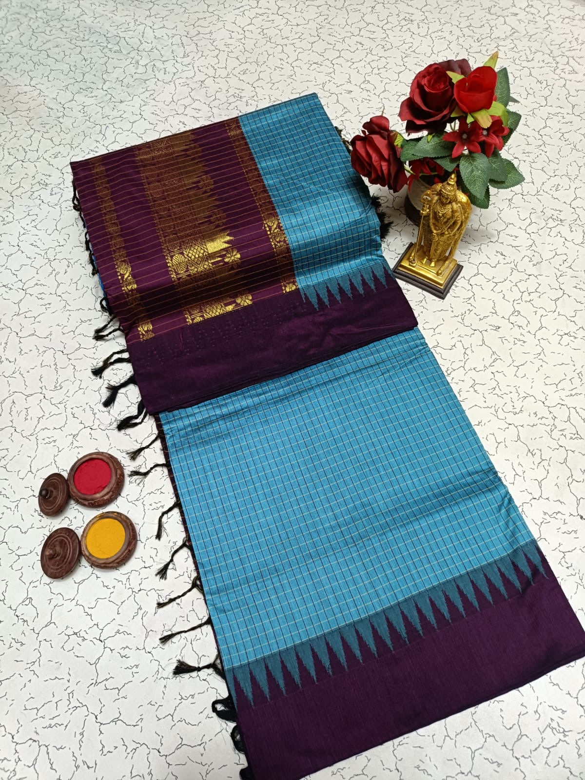 Kalyani Cotton Saree in Teal Blue with Wine Purple Contrast Border and Unique Temple Pattern Pallu for Elegant Look