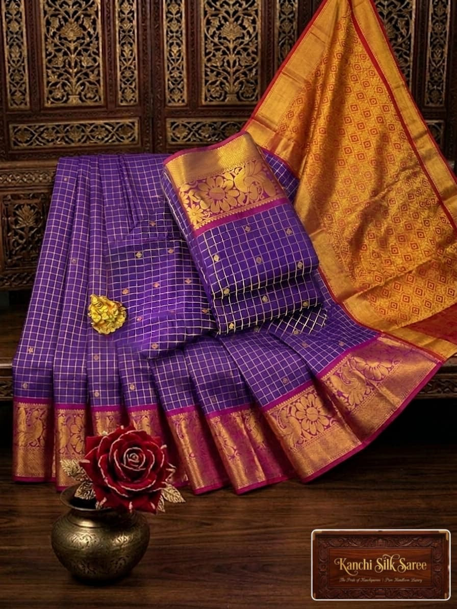 Kanchi Silk gold zari checked Purple with gold