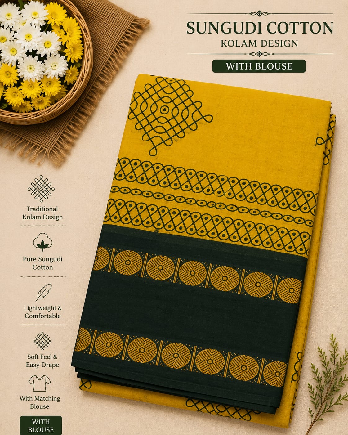 Premium Sungudi Cotton Kolam Design Saree – Mustard Yellow with Bottle Green Contrast Border | Sri Nandhini Tex | SNTSC003