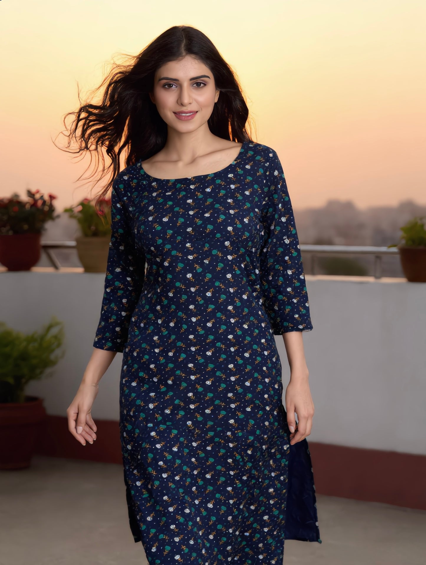 Navy Blue Ditsy Floral Print Rayon Kurti
