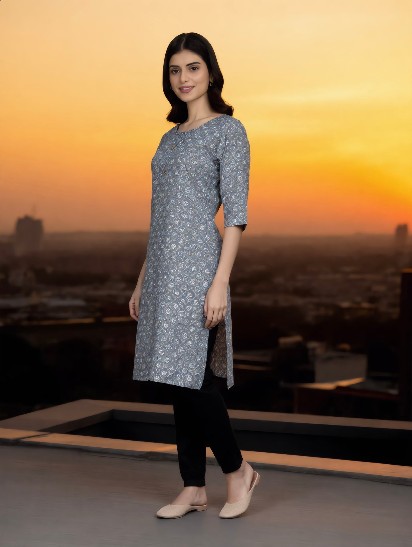 Steel Grey Floral Jaal Print Rayon Kurti