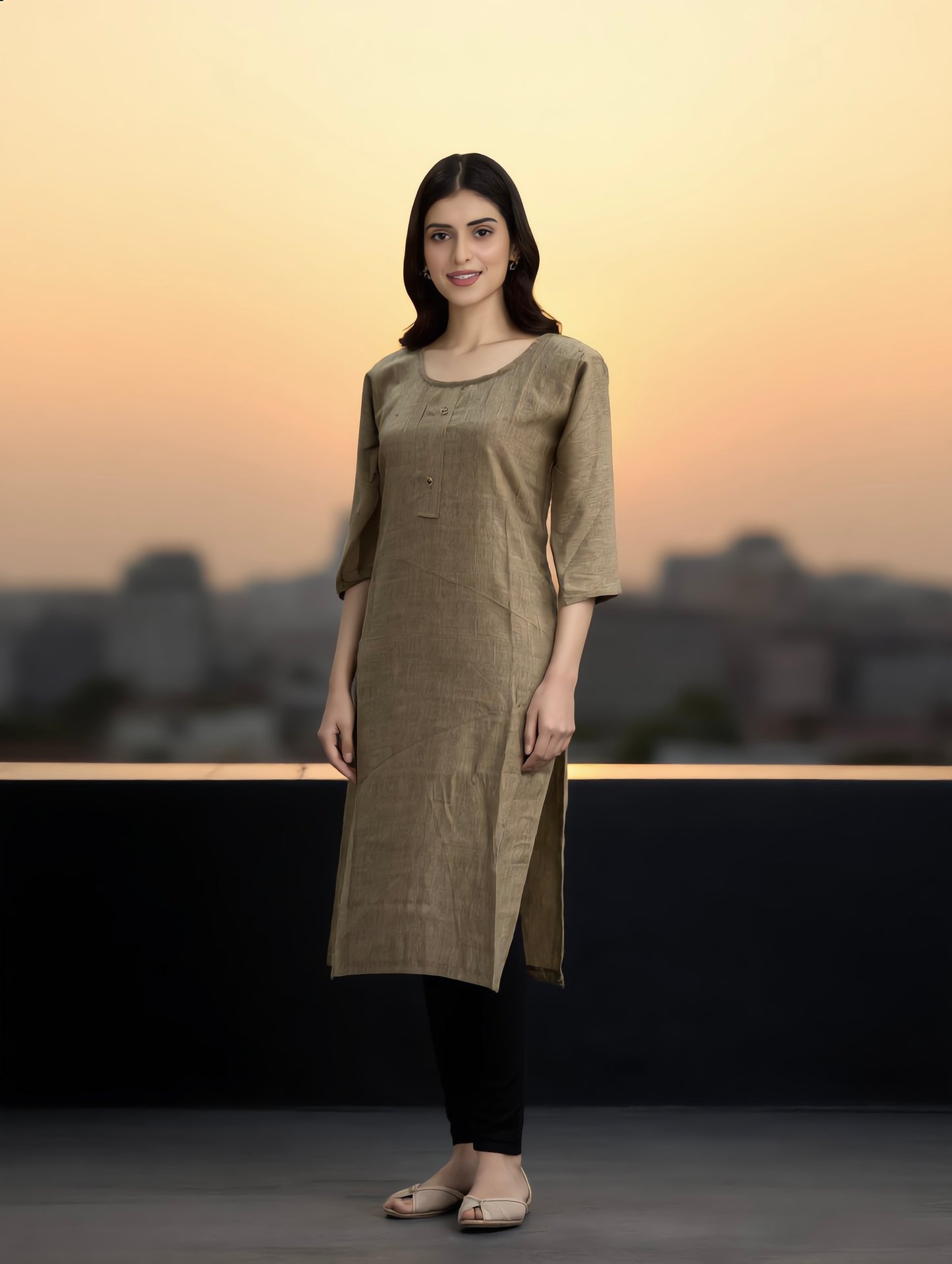 Khaki Beige Solid Textured Linen Top