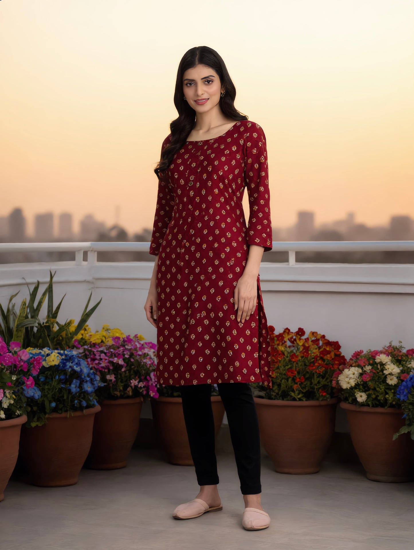 Deep Maroon Boota Print Rayon Kurti