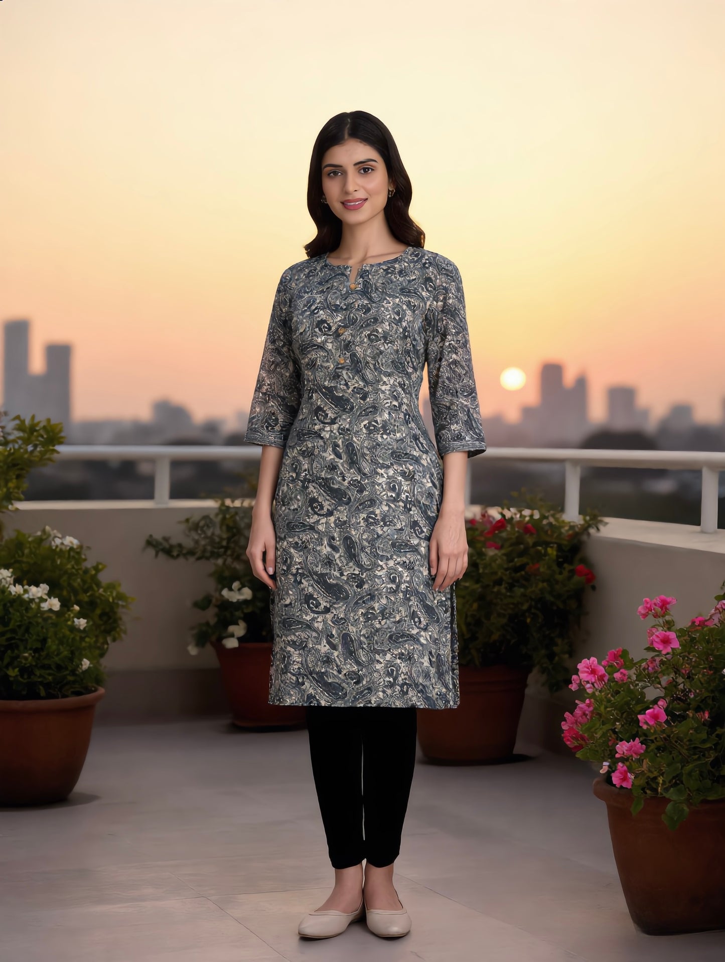 Grey White Paisley Jaal Print Rayon Kurti