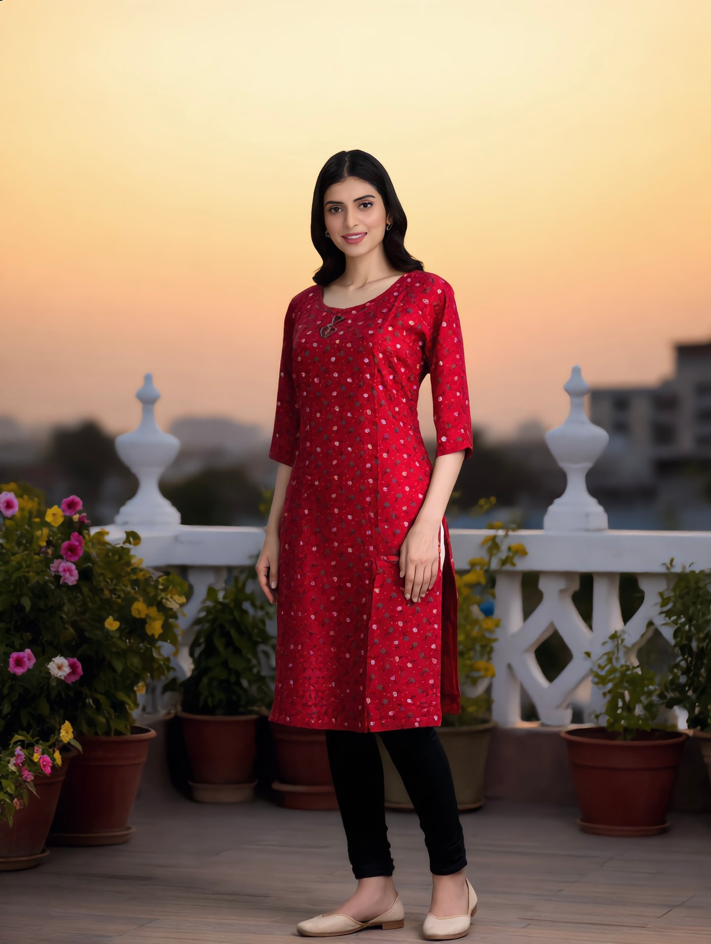 Bright Red Ditsy Floral Print Rayon Kurti