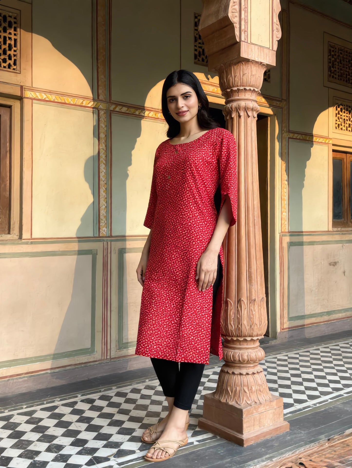 Cherry Red Dabu Scattered Print Rayon Kurti