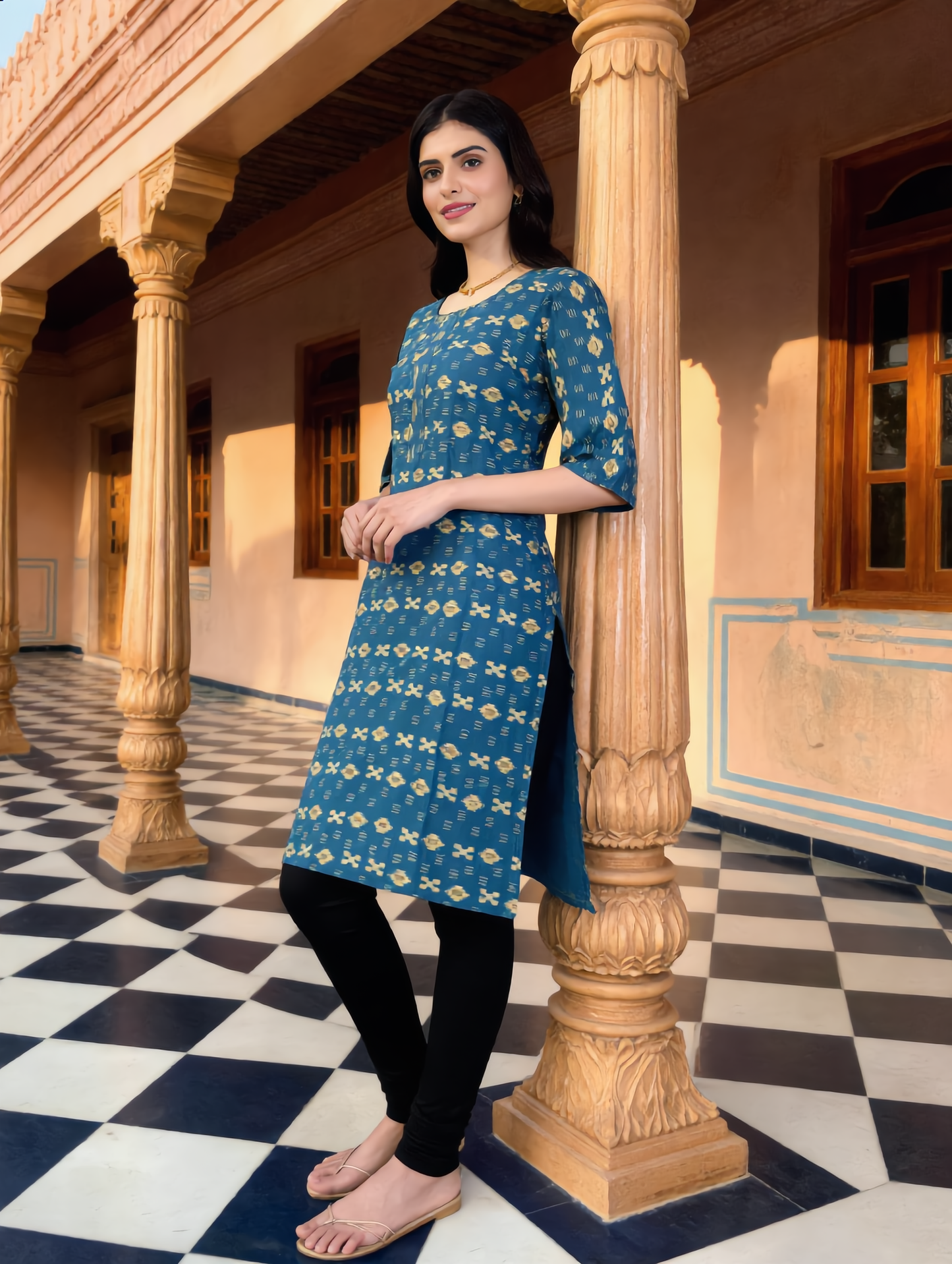 Teal Blue Ikat Cross Floral Print Rayon Kurti