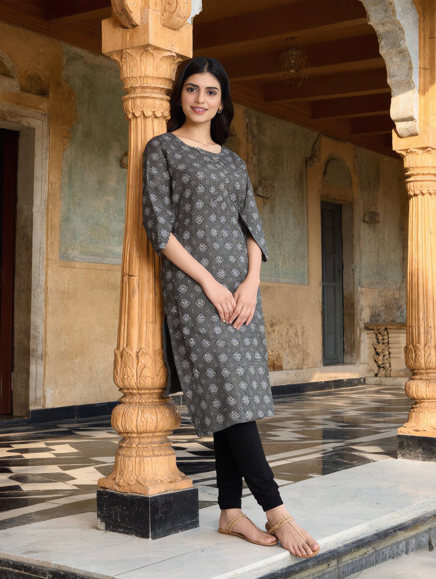Charcoal Grey Geometric Boota Print Rayon Kurti