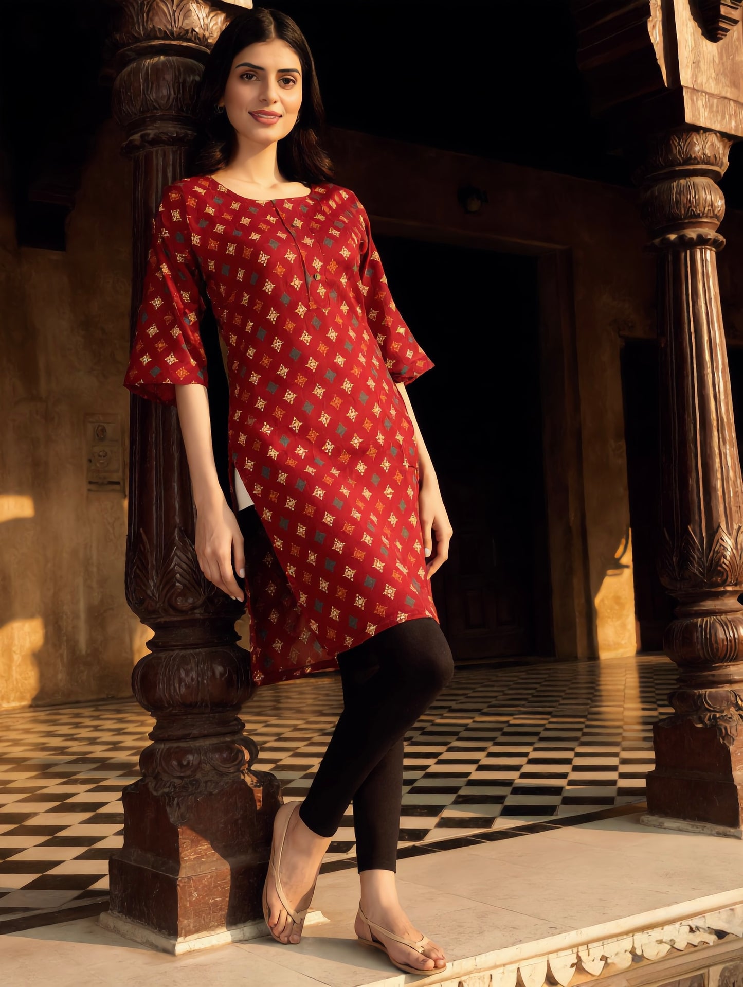 Maroon Multi Colour Ikat Diamond Print Rayon Kurti