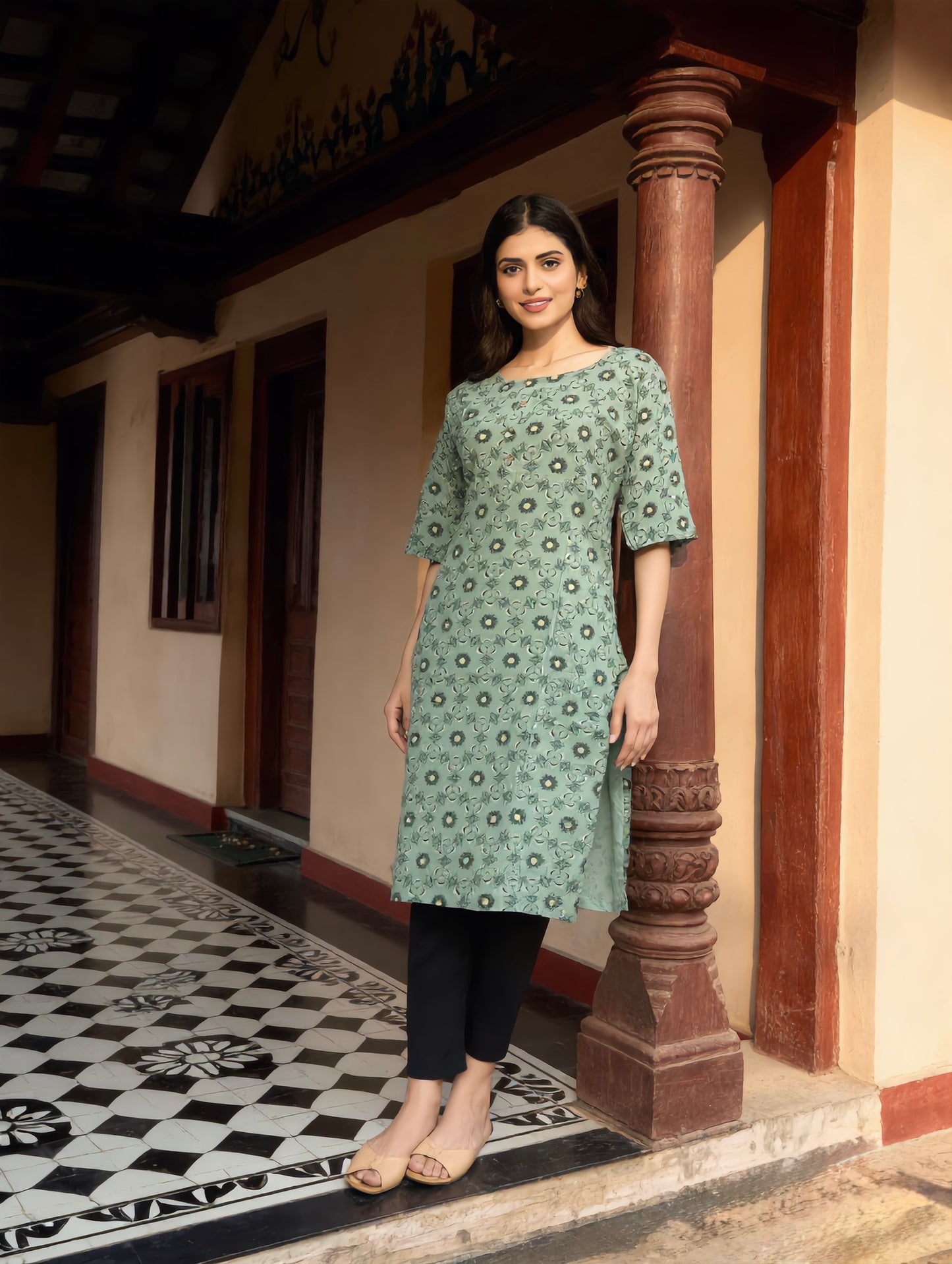 Sage Green All Over Floral Print Rayon Kurti