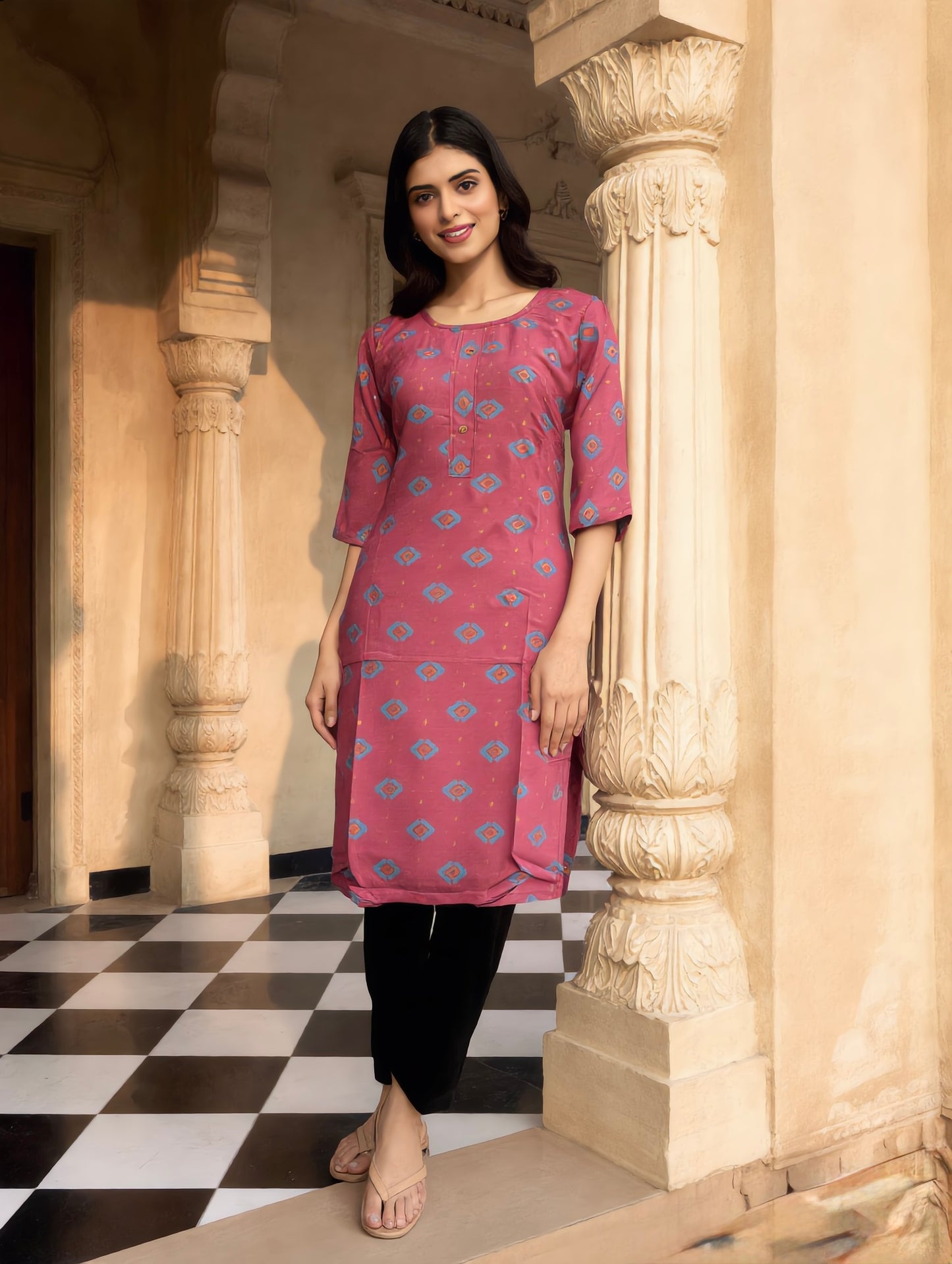 Dusty Rose Ikat Diamond Print Rayon Kurti