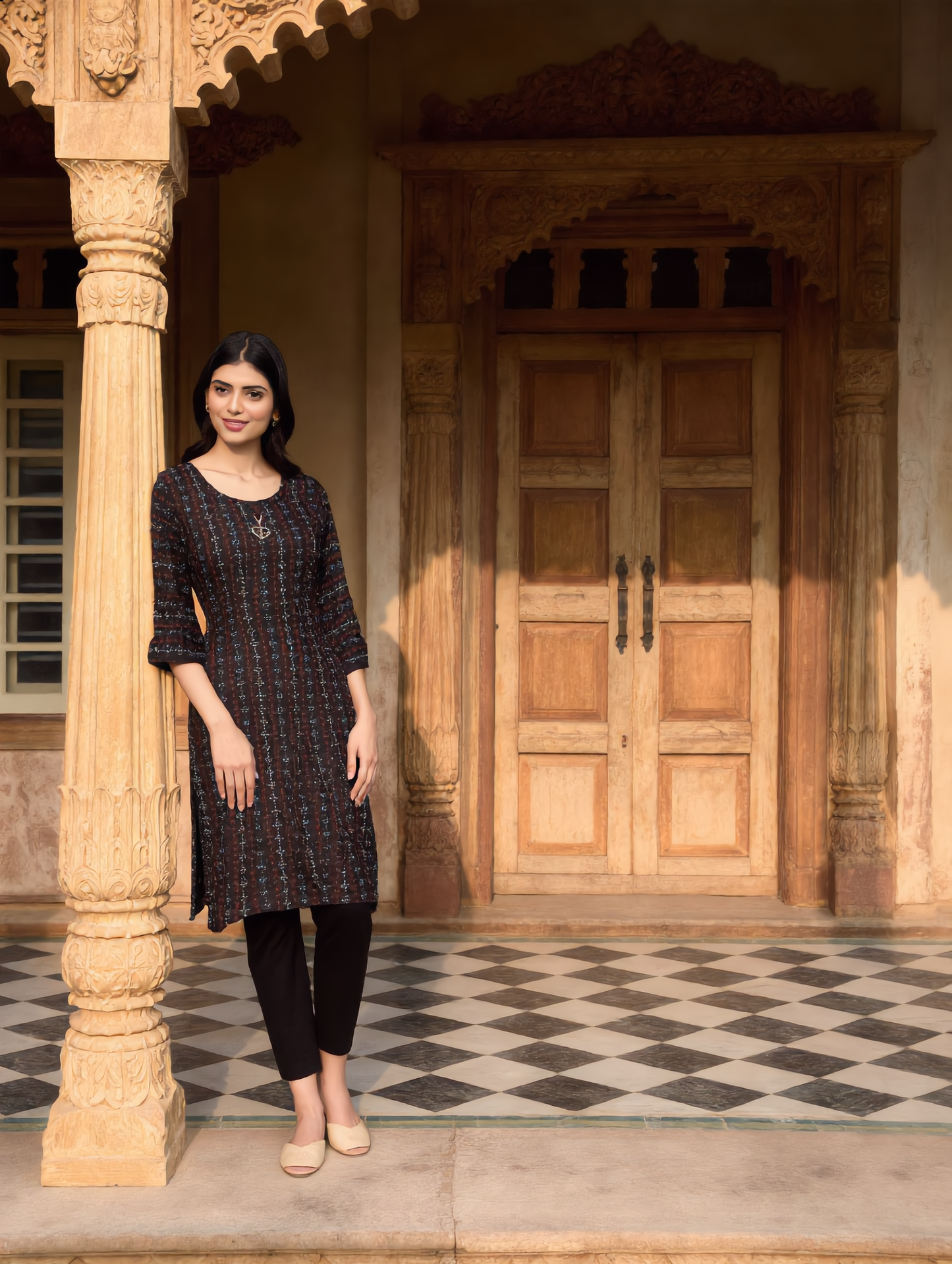 Black Multicolour Vertical Stripe Floral Print Rayon Kurti