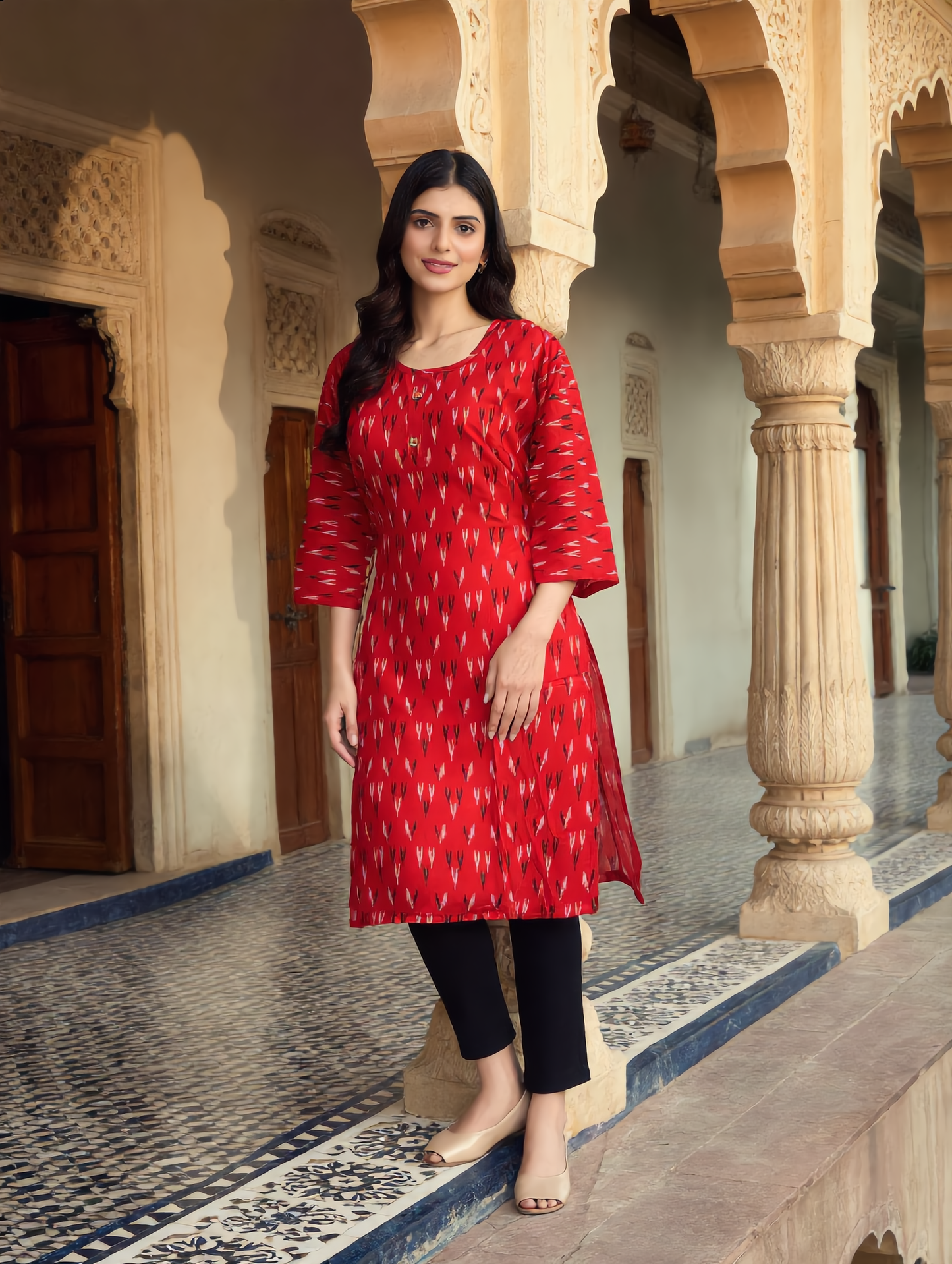 Red Ikat Chevron Arrow Print Rayon Kurti