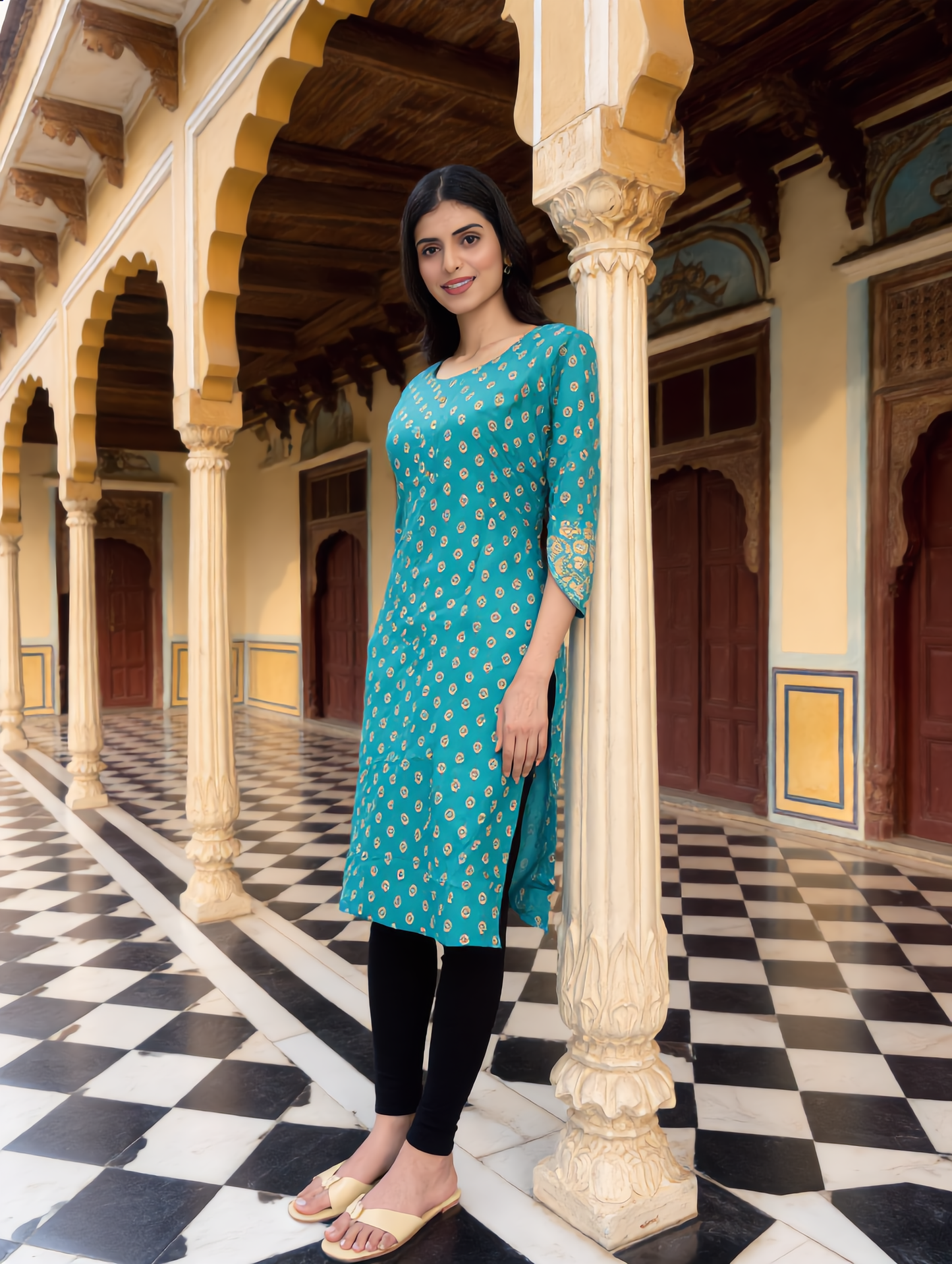 Teal Blue Boota Polka Print Rayon Top