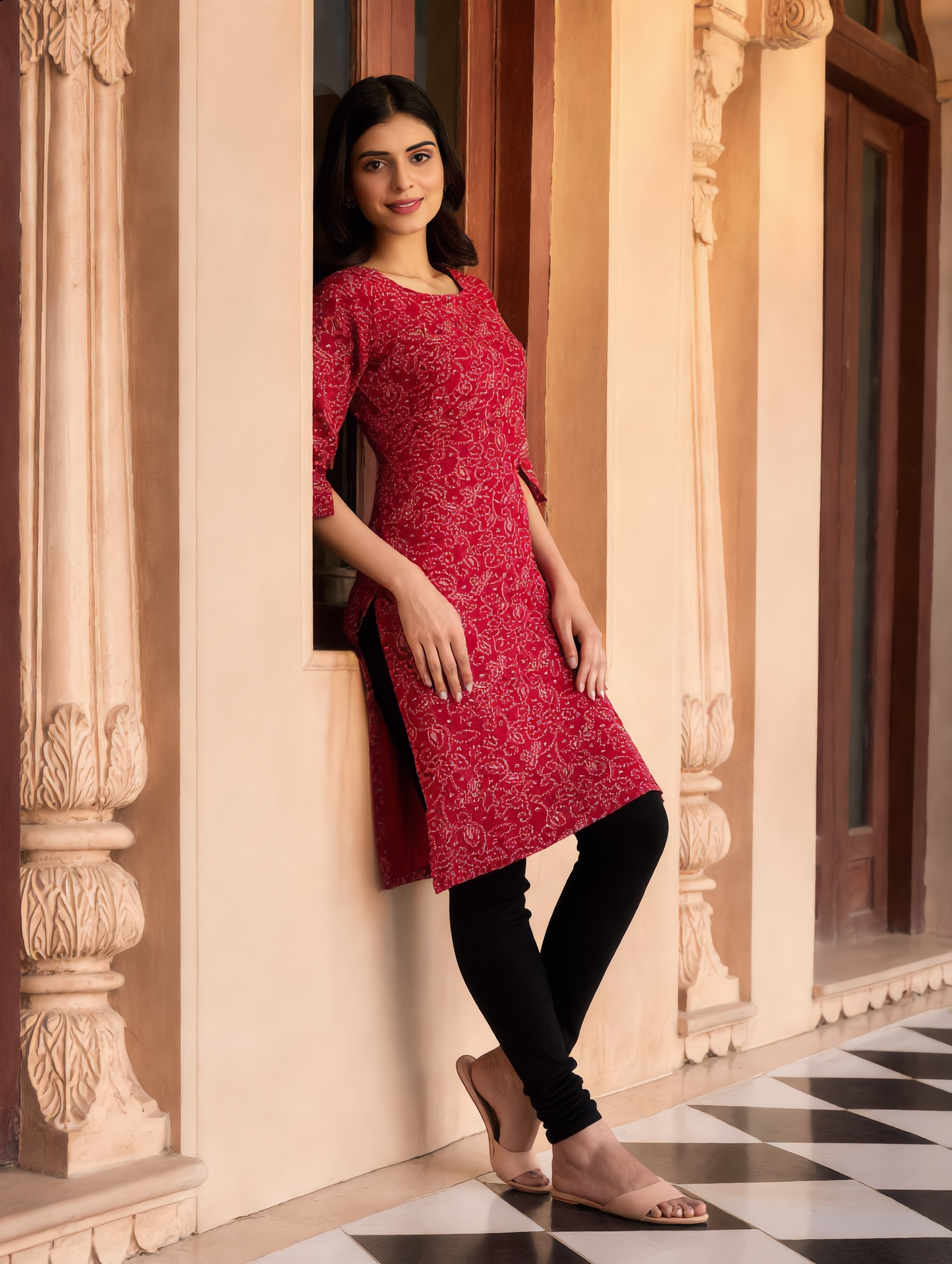 Crimson Red Bandhani Floral Print Rayon Top