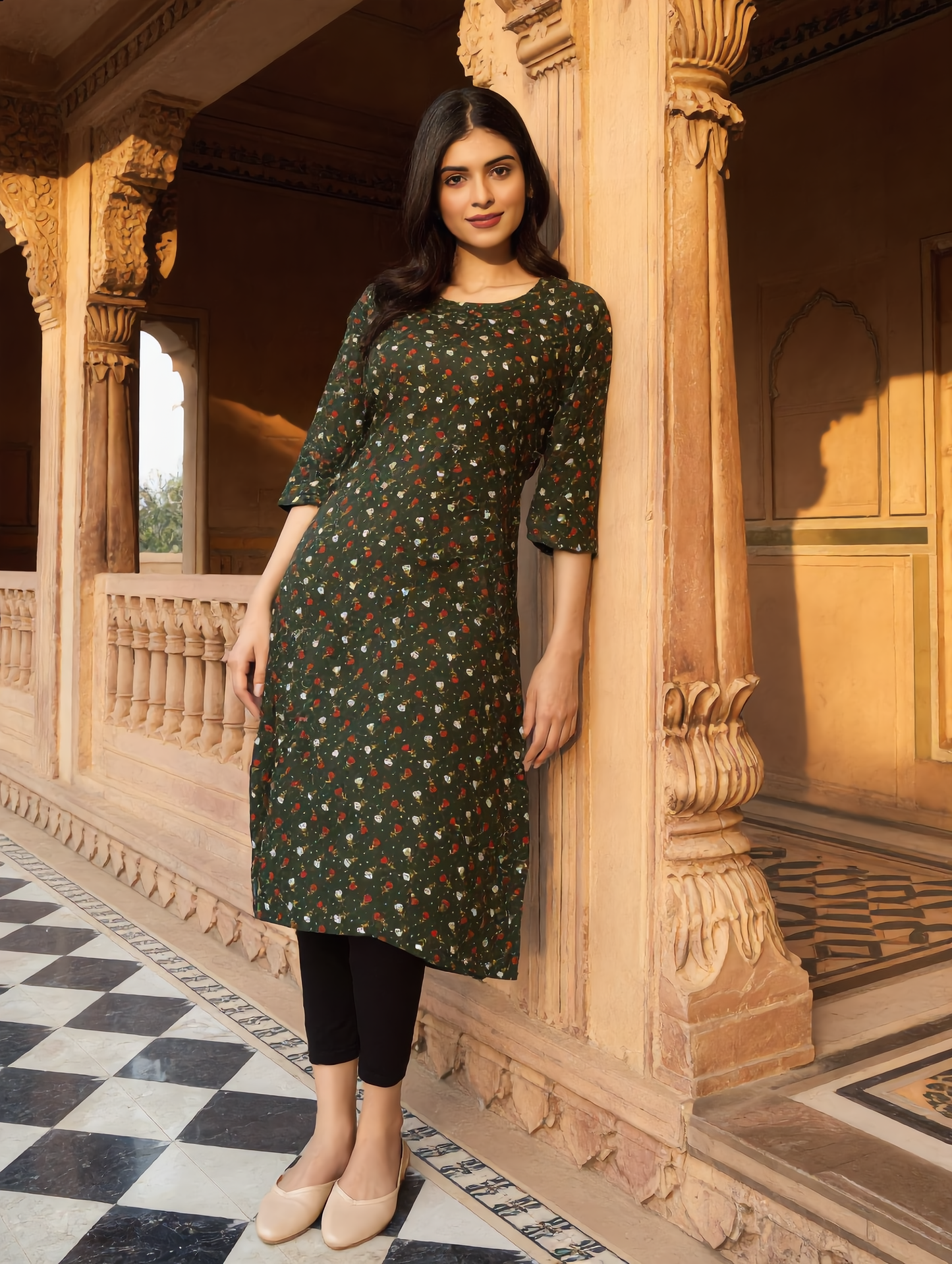 Dark Olive Green Ditsy Floral Print Rayon Top