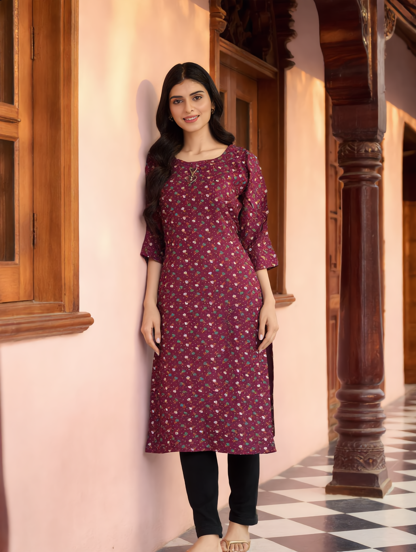 Wine Maroon Ditsy Floral Print Rayon Top