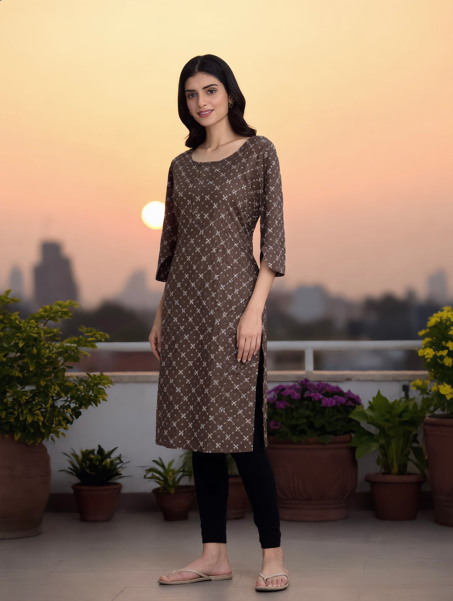 Chocolate Brown Bandhani Lattice Print Rayon Top