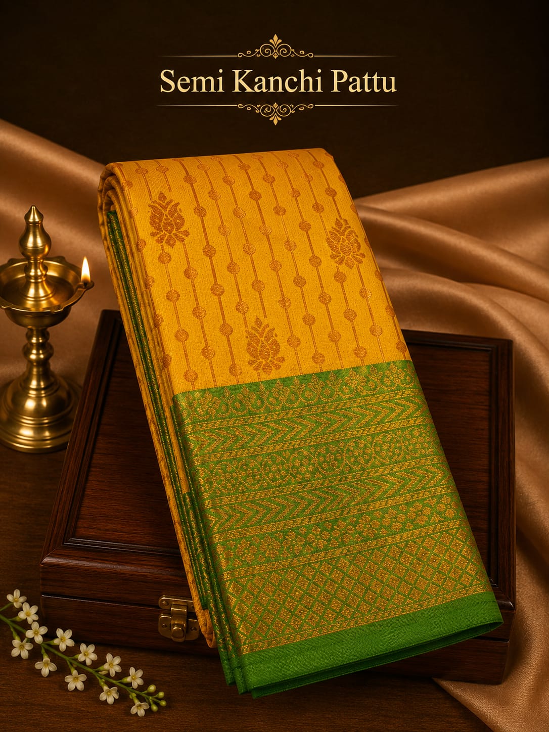 Premium Semi Kanchi Pattu Saree – Golden Yellow with Parrot Green Contrast | Festive Function Wear | Sri Nandhini Tex | SNTP001