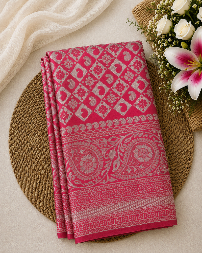 Semi Soft Silk Offer Saree | Rose Pink | Elegant Silver Zari Weave | Sri Nandhini Tex | Code: SNTAOS23